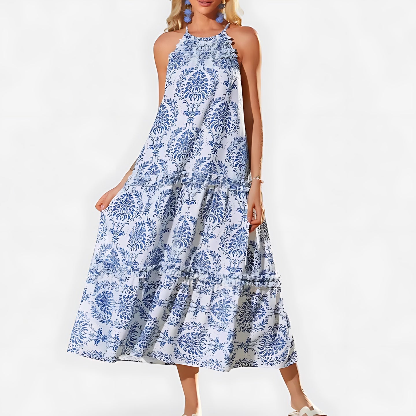 Grace – Boho Print Halter Tiered Midi Dress