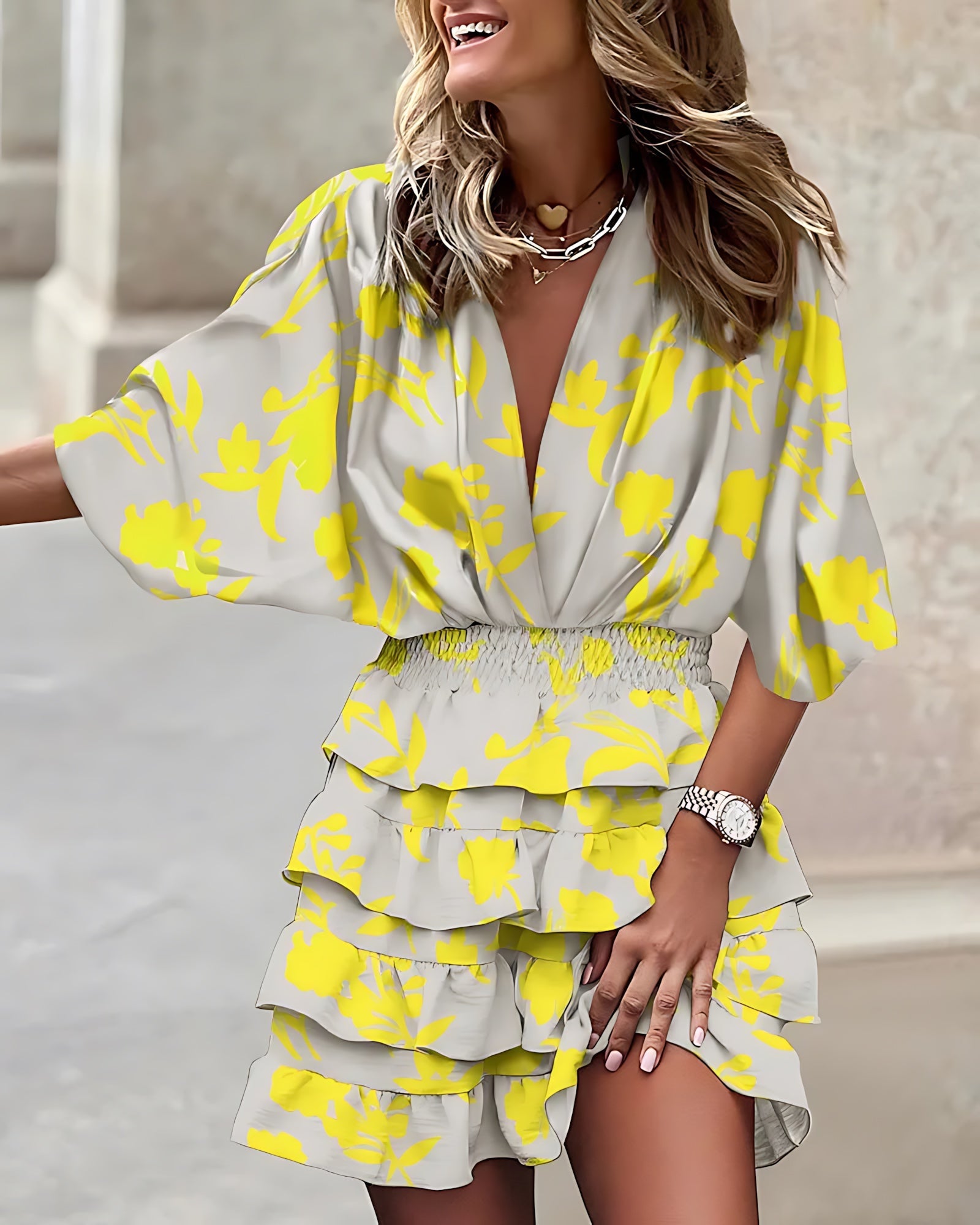 Grace – Leaf Print V Neck Smocked Ruffle Mini Dress