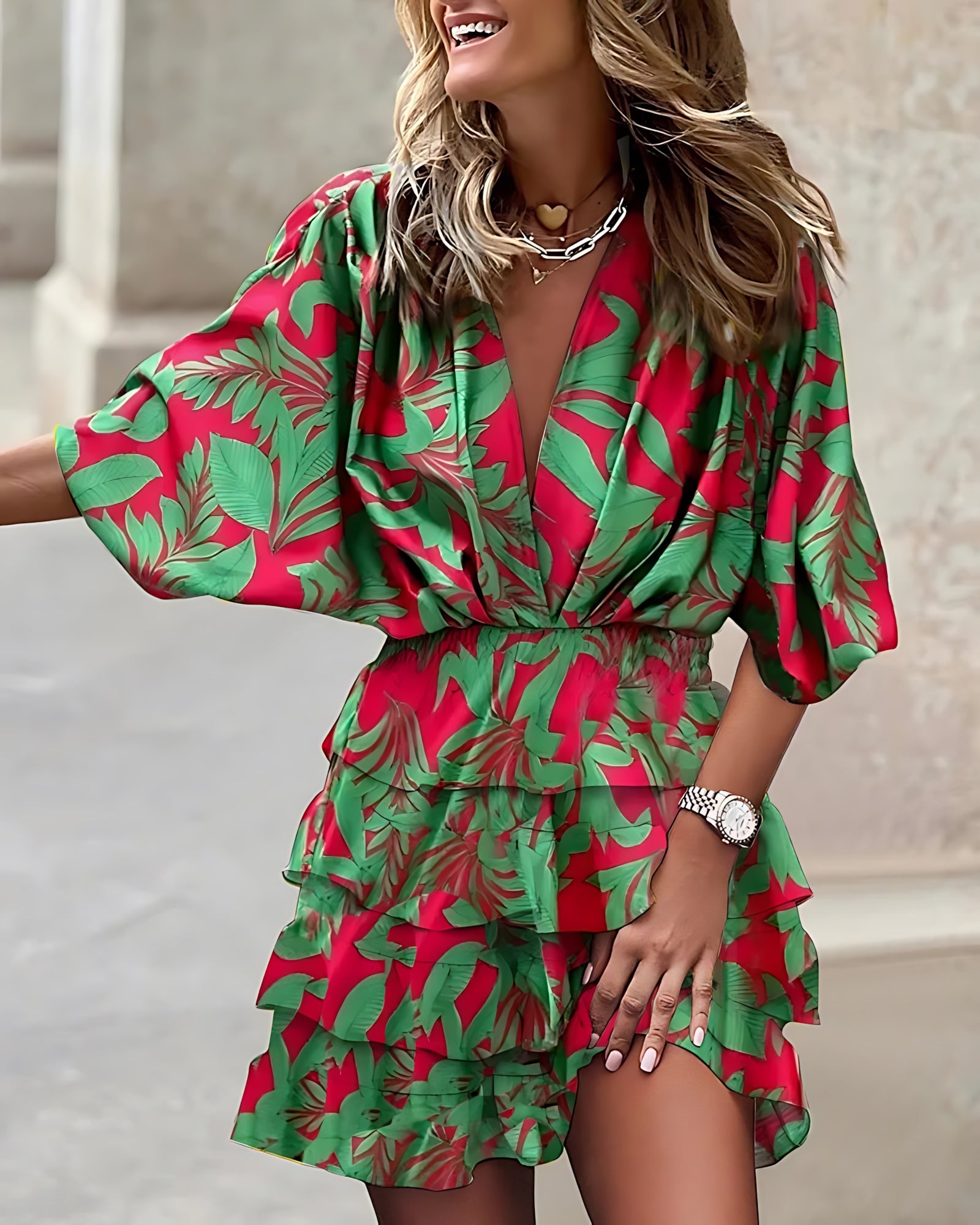 Grace – Leaf Print V Neck Smocked Ruffle Mini Dress