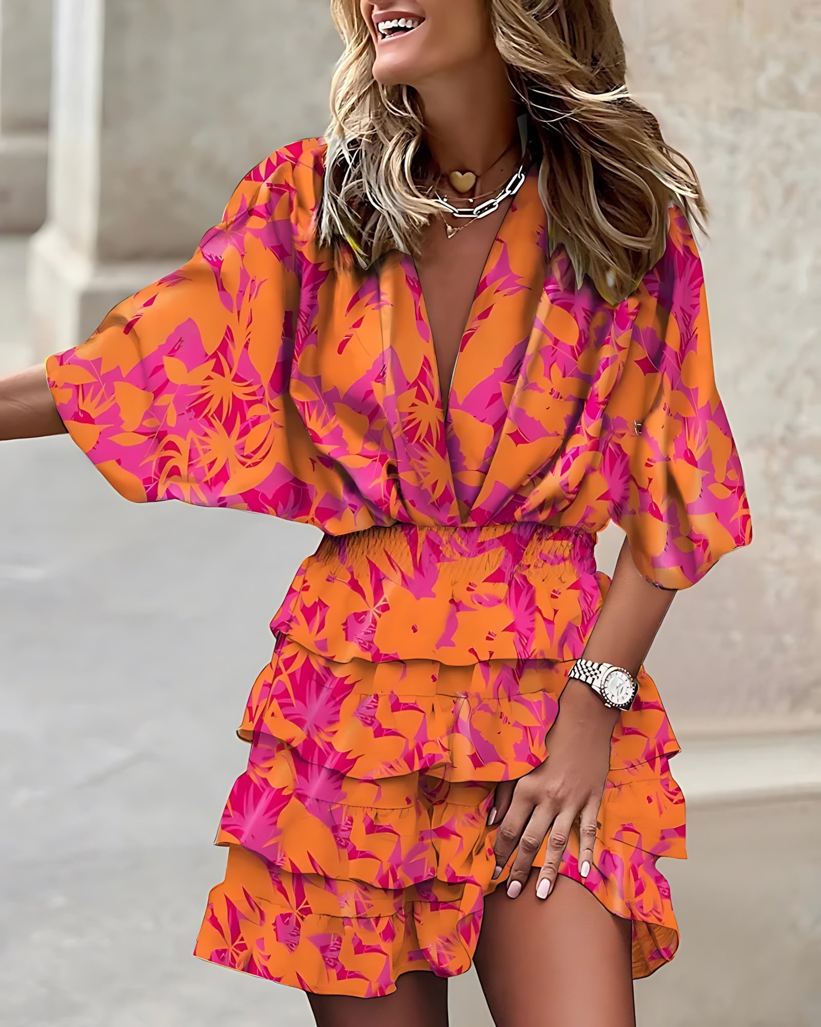 Grace – Leaf Print V Neck Smocked Ruffle Mini Dress
