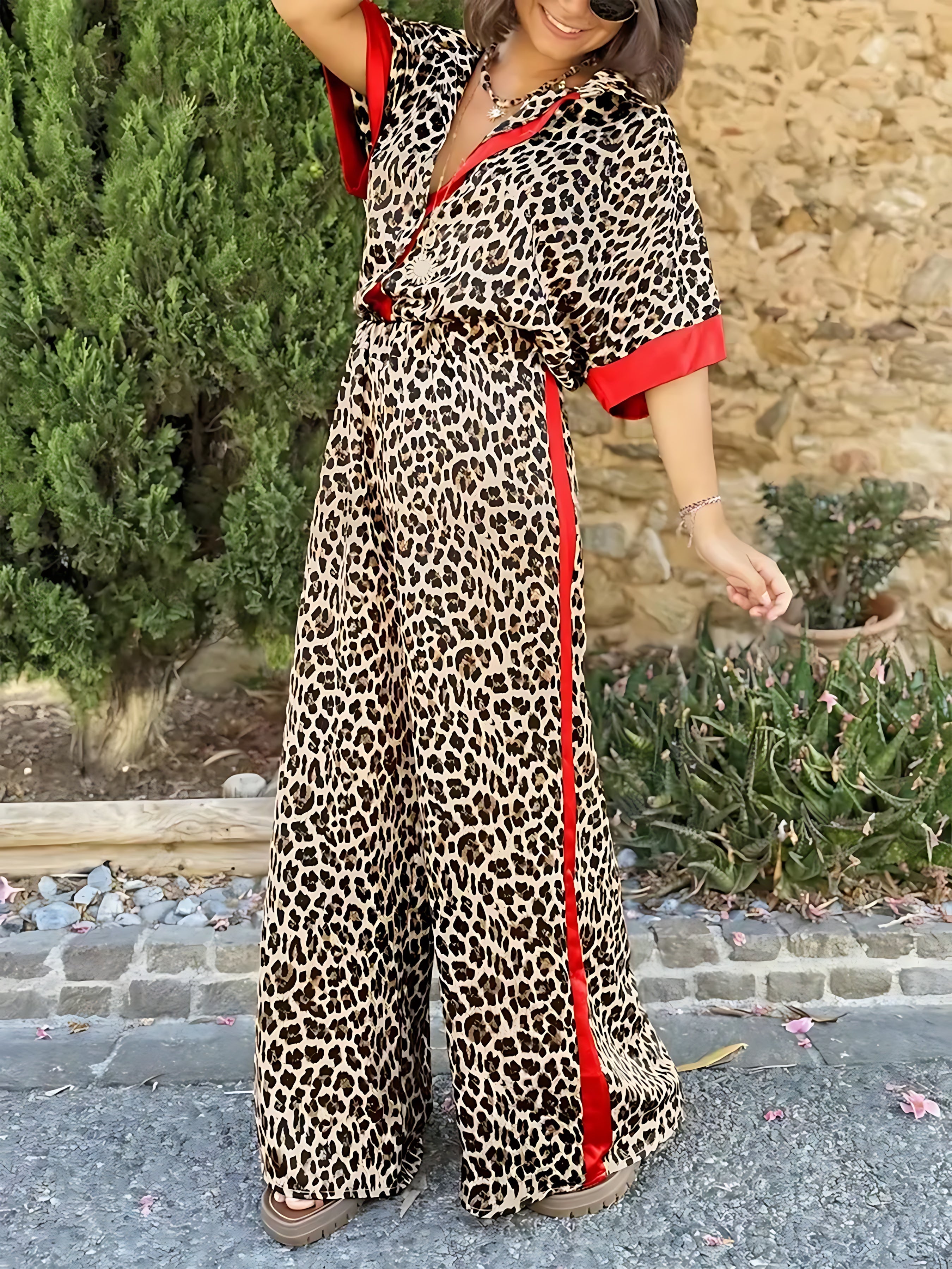 Grace – Leopard Print Shirt and Wide Leg Pants Set