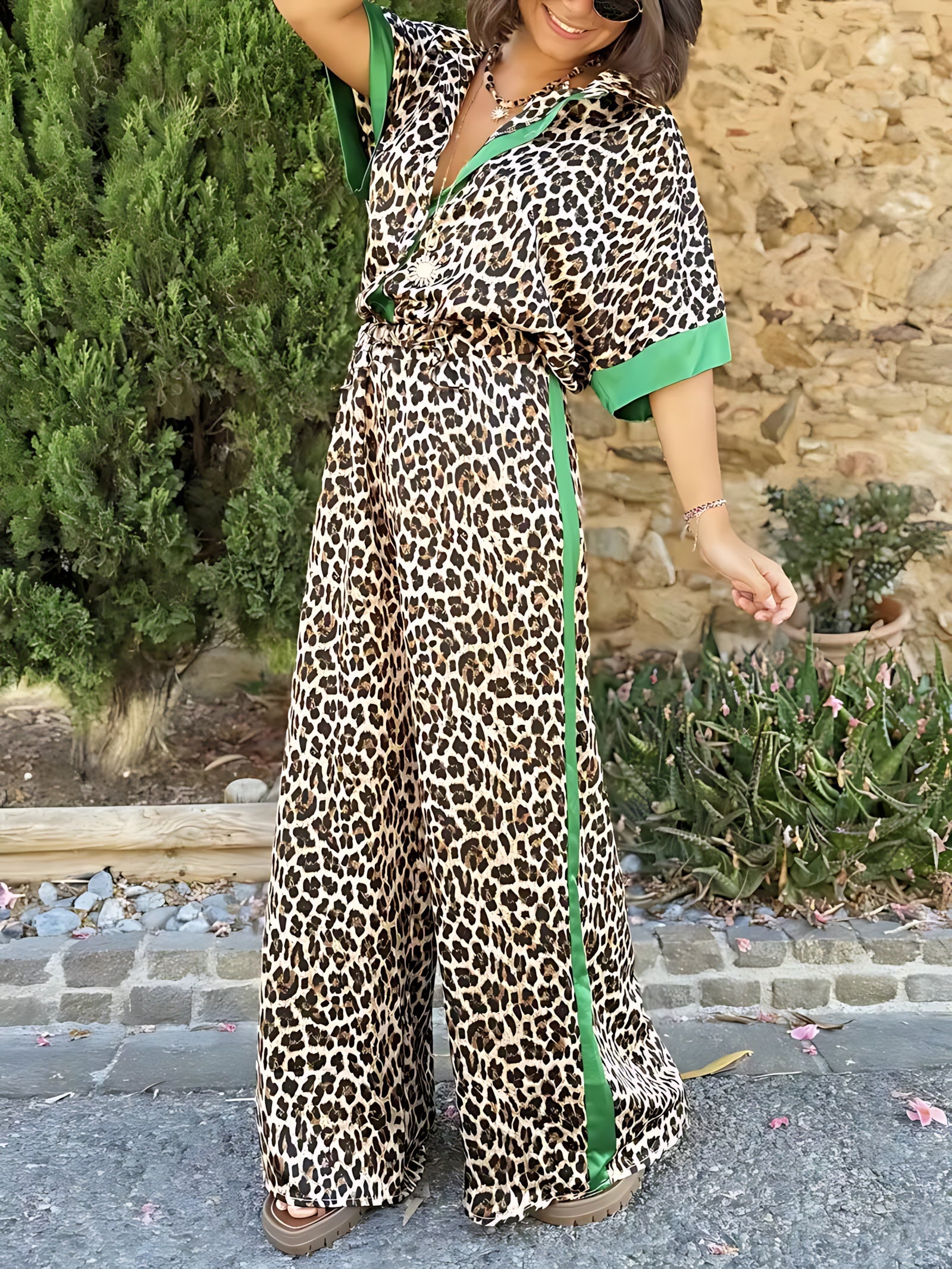 Grace – Leopard Print Shirt and Wide Leg Pants Set