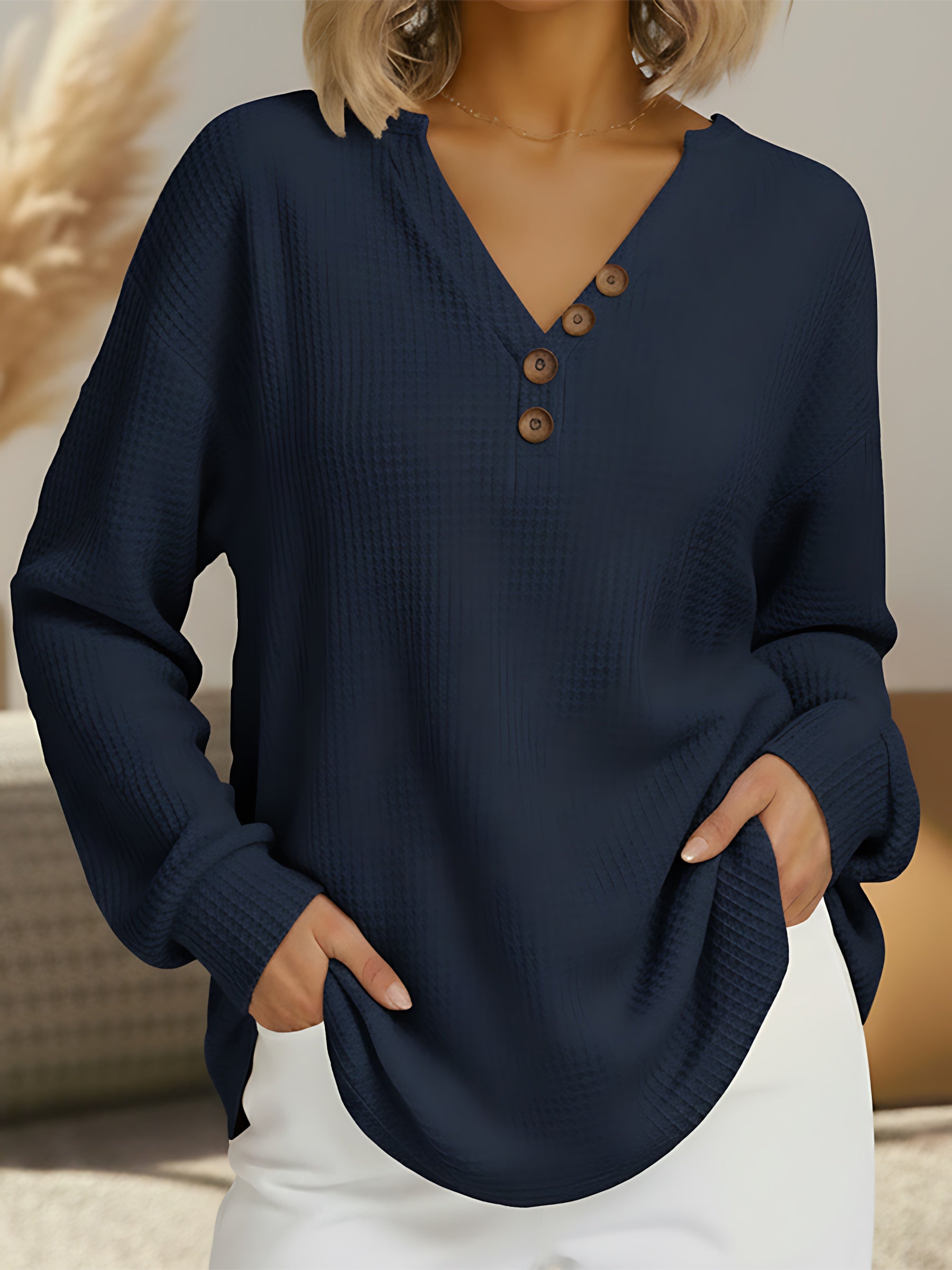 Grace – V Neck Button Front Knit Top