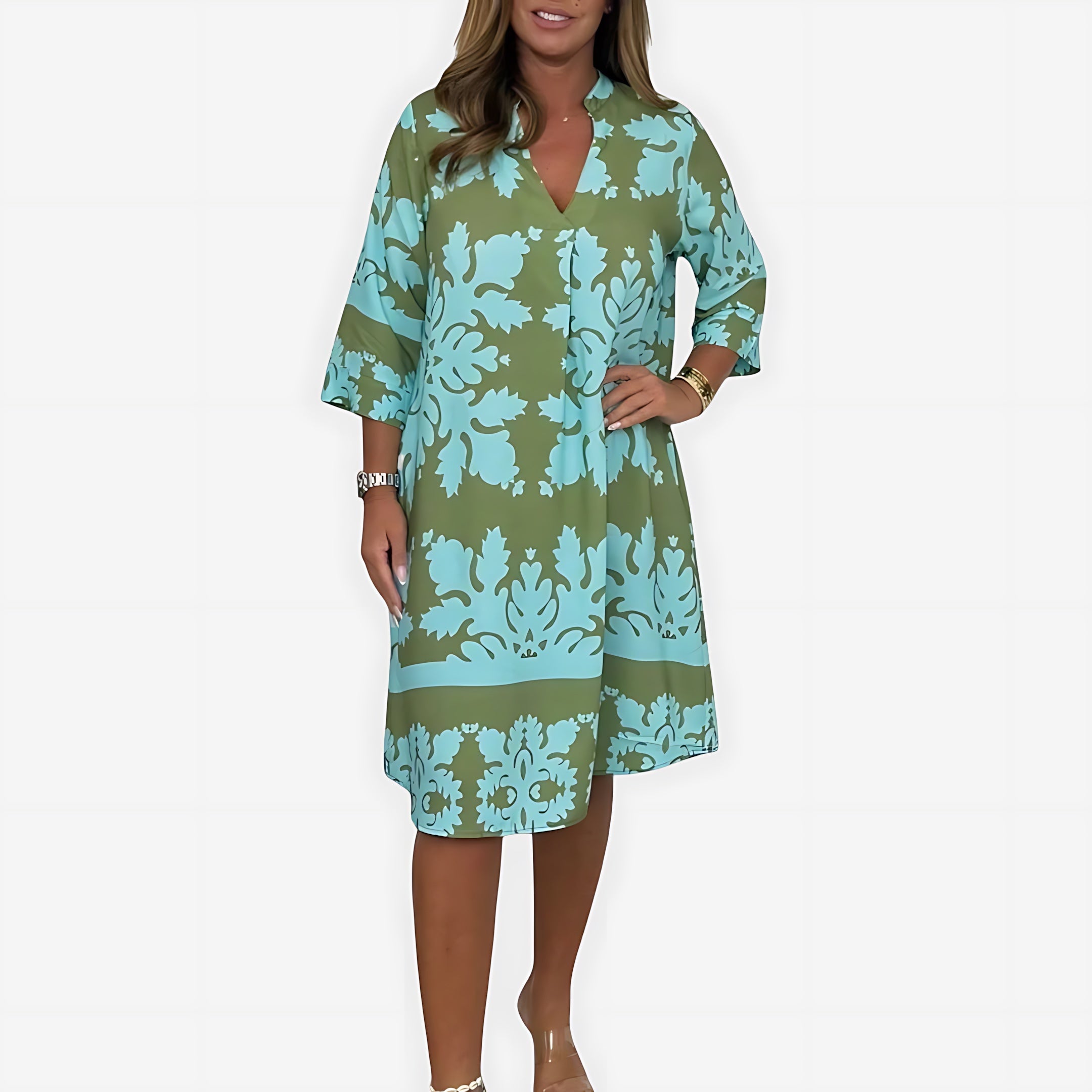 Hadley – Boho Print V Neck Flowy Midi Dress
