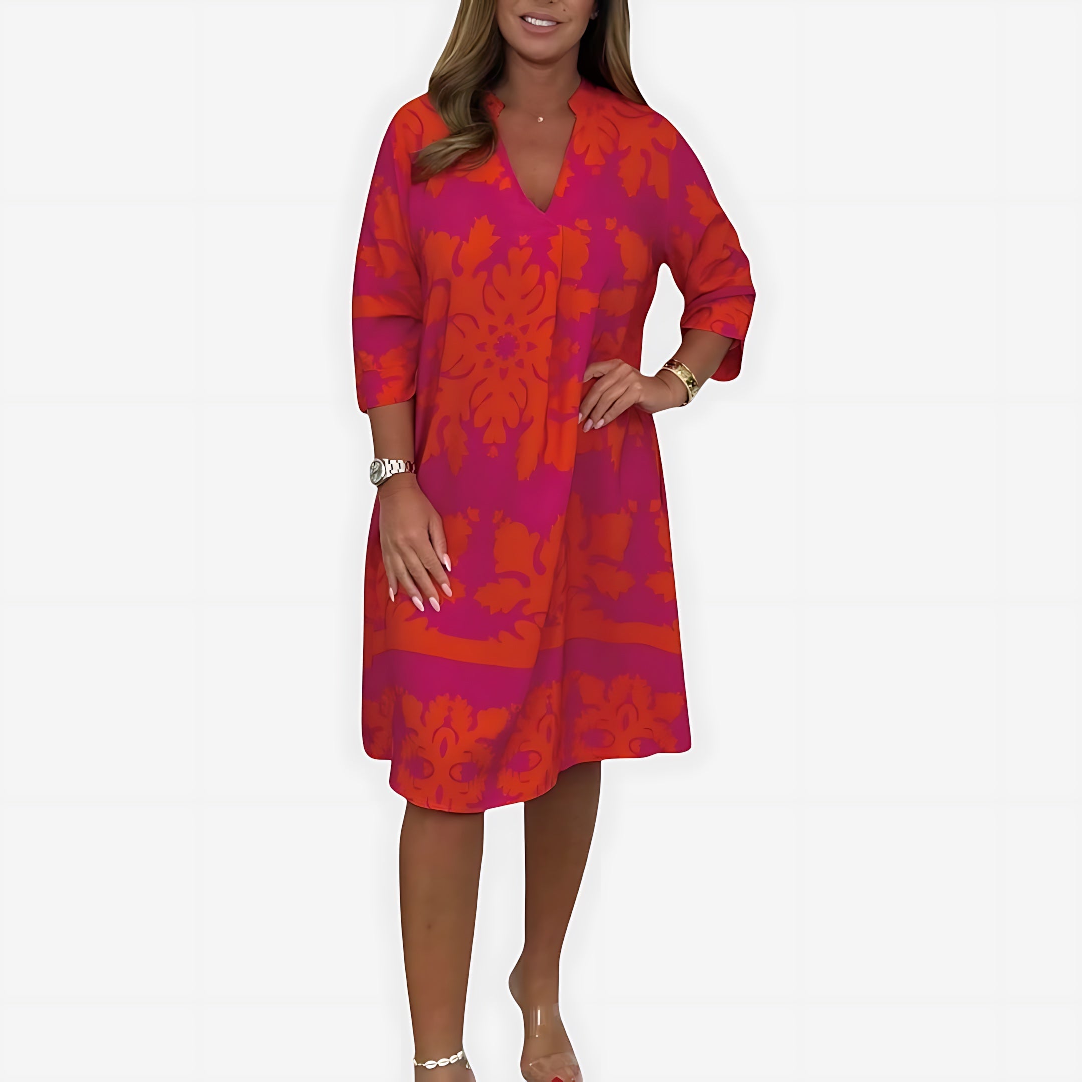 Hadley – Boho Print V Neck Flowy Midi Dress