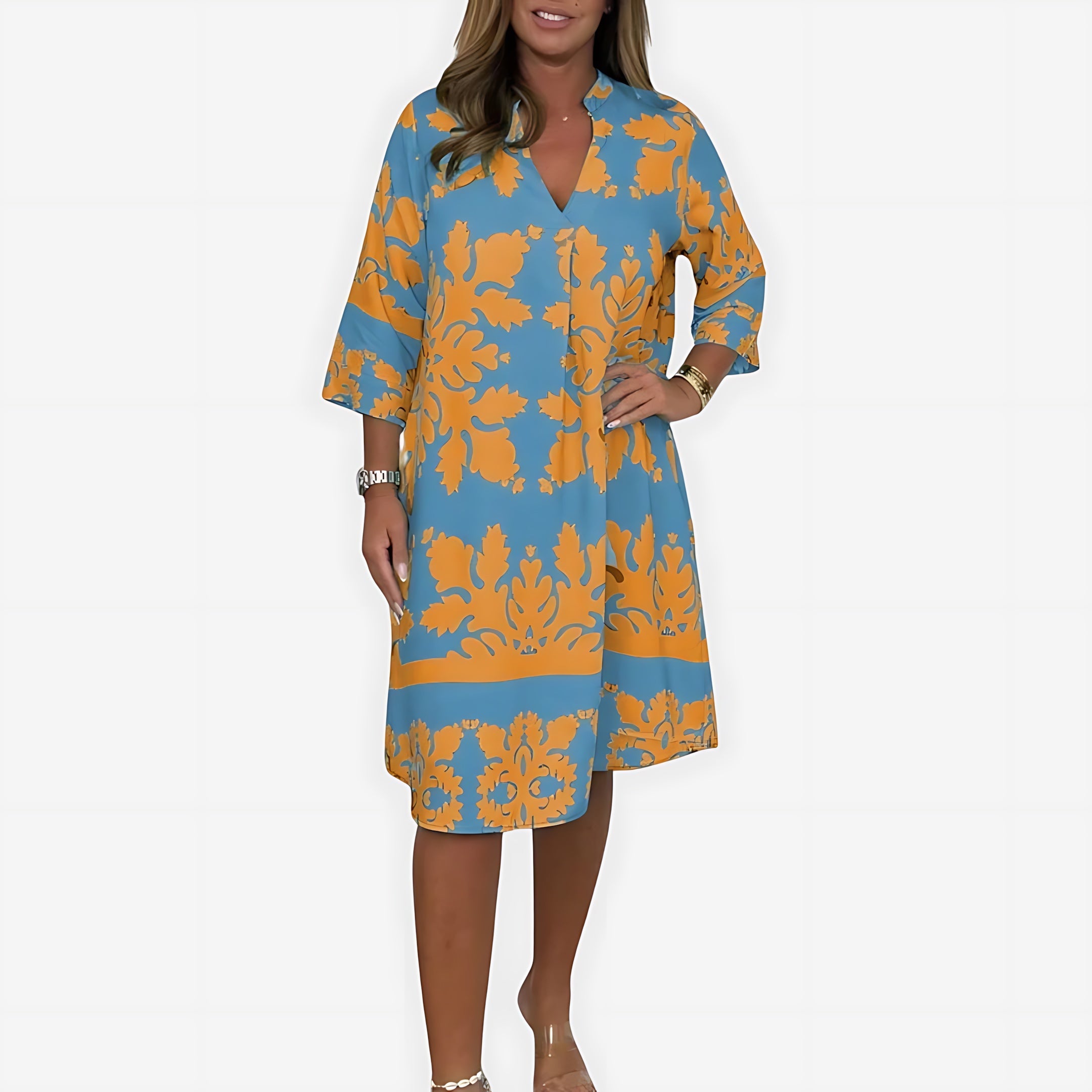 Hadley – Boho Print V Neck Flowy Midi Dress