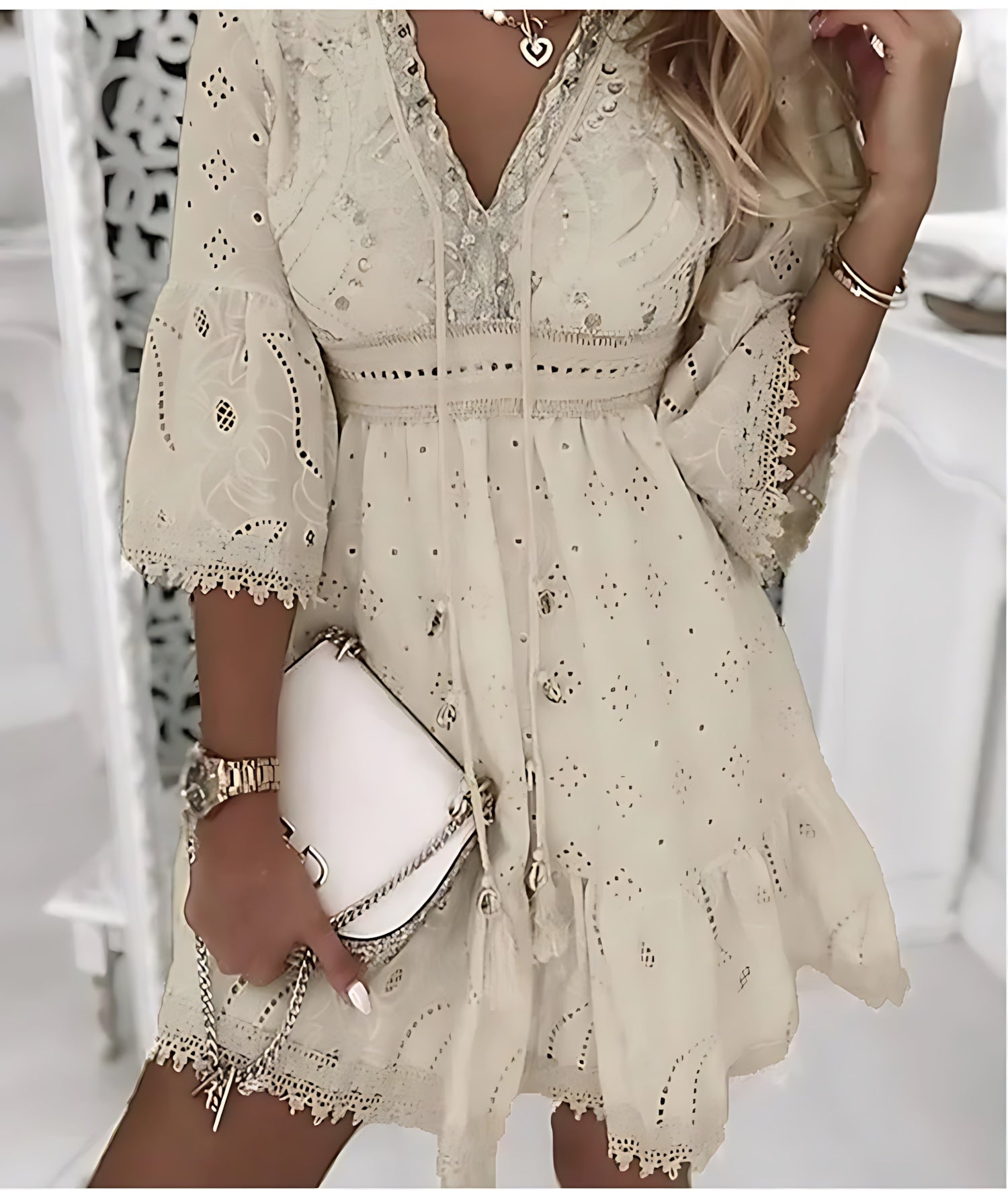 Hadley – Eyelet Lace Bell Sleeve Boho Mini Dress
