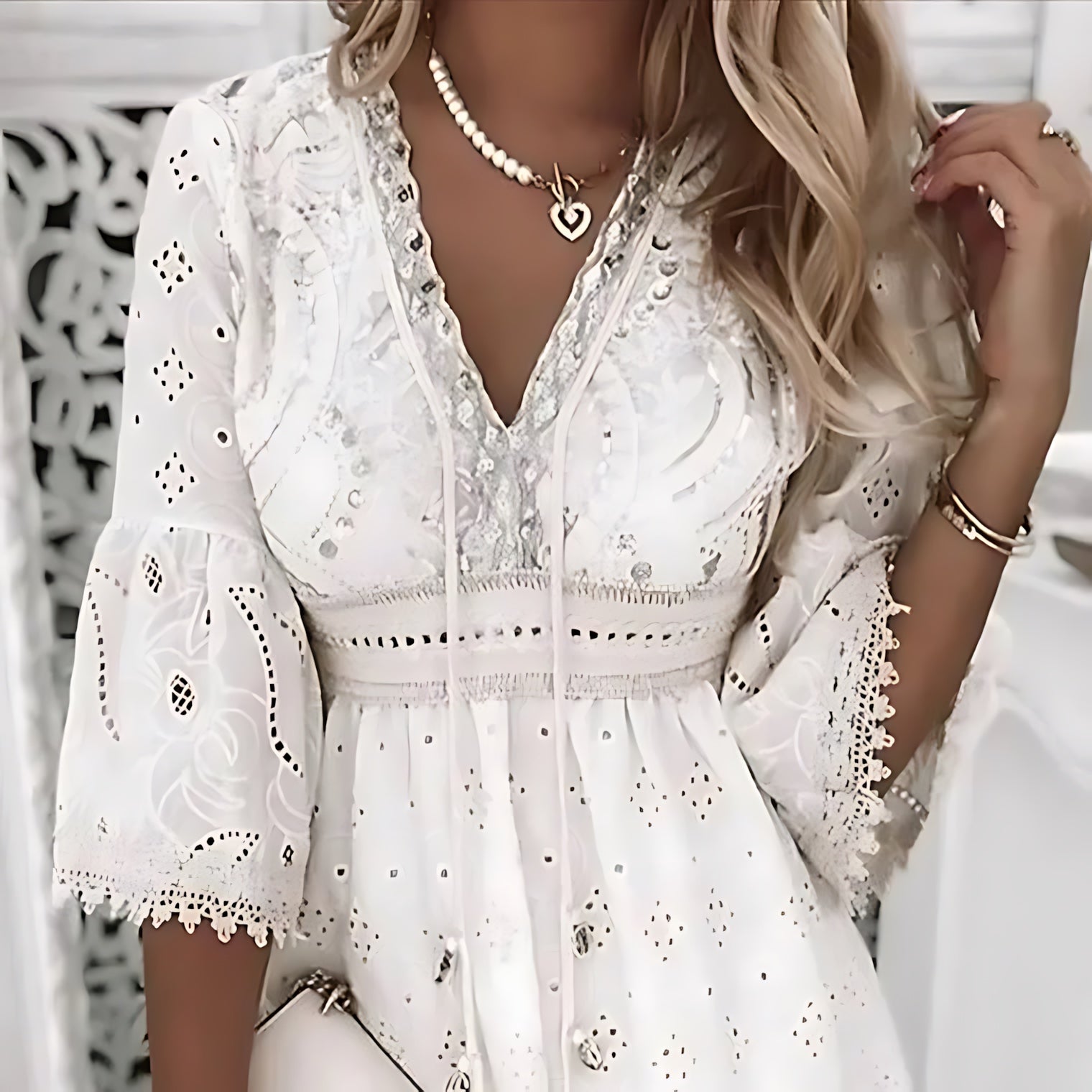 Hadley – Eyelet Lace Bell Sleeve Boho Mini Dress