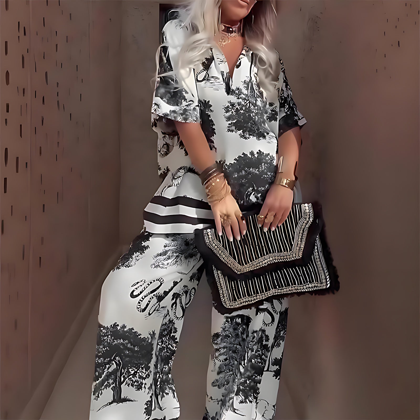 Hadley – Floral Print V Neck Top and Wide Leg Pants Set