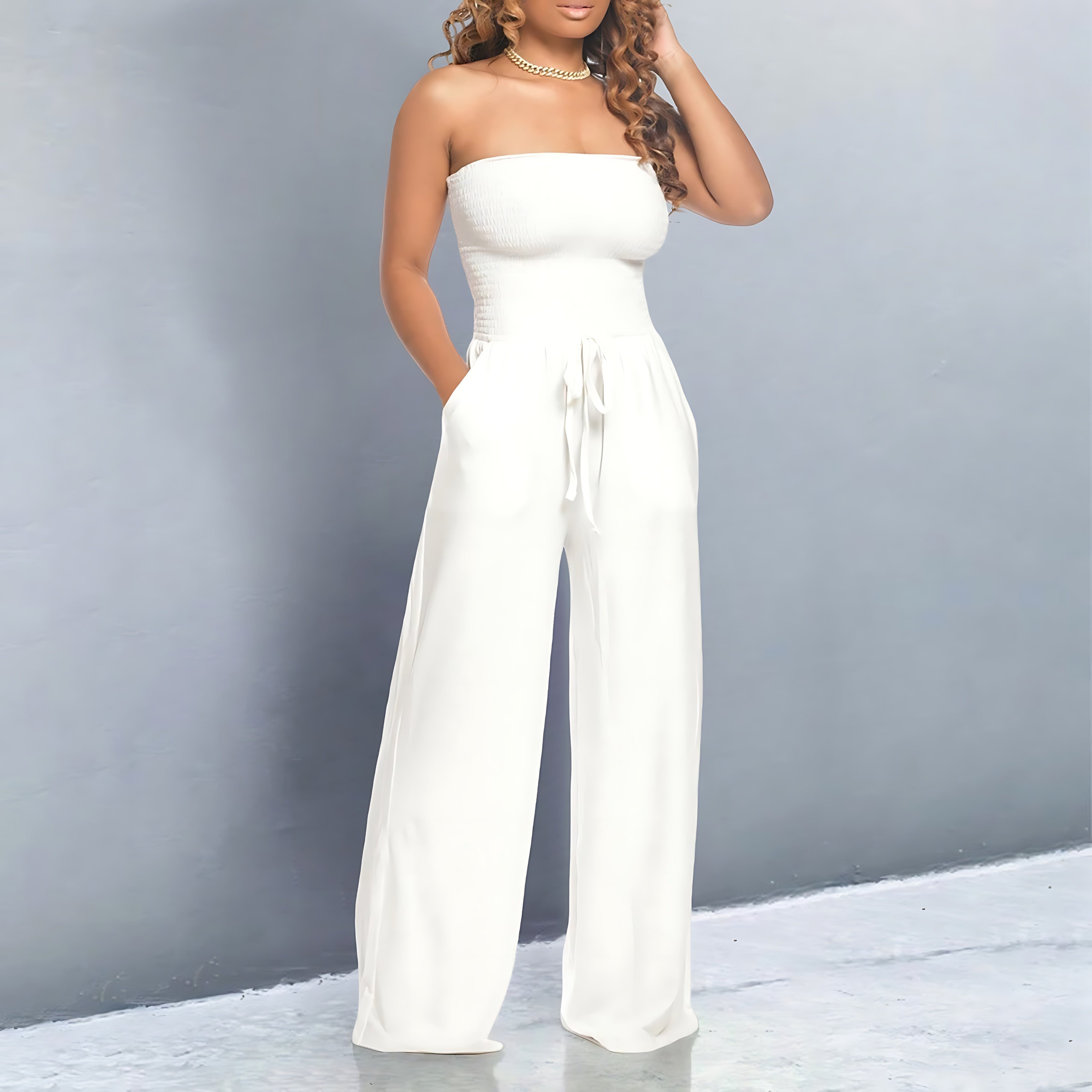 Hadley – Strapless Smocked Wide Leg Jumpsuit