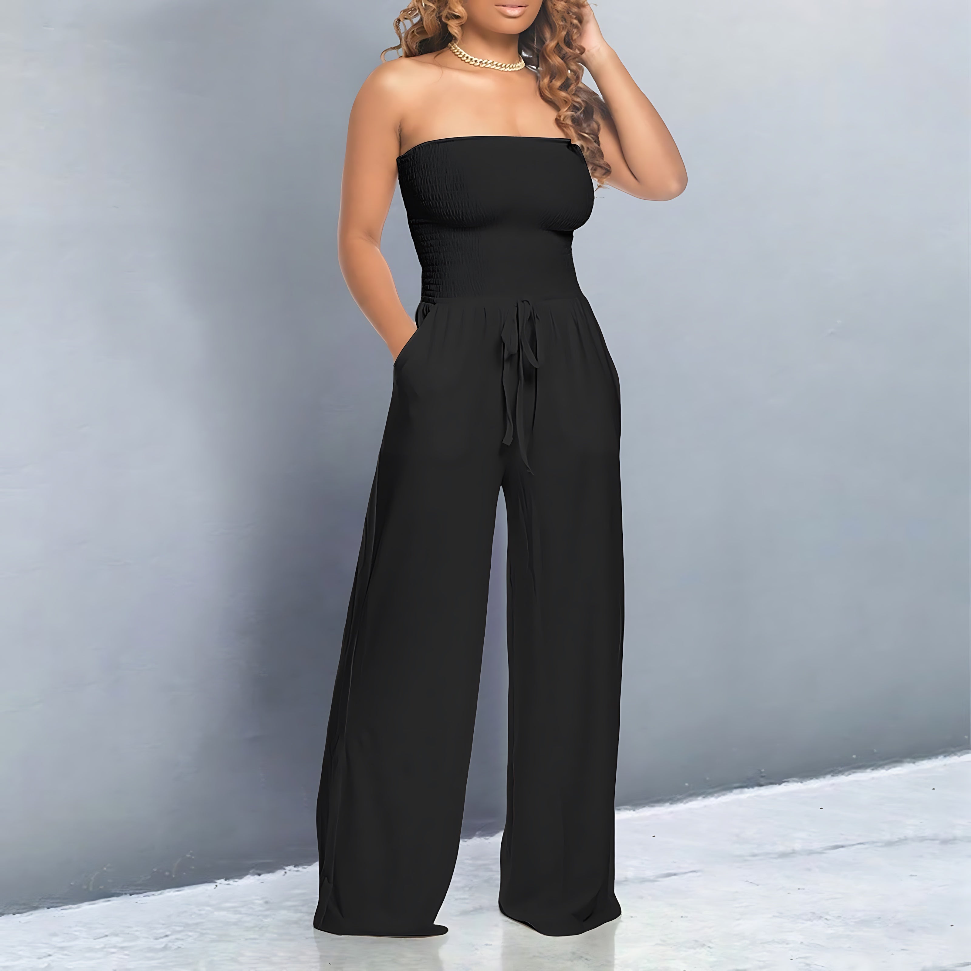 Hadley – Strapless Smocked Wide Leg Jumpsuit