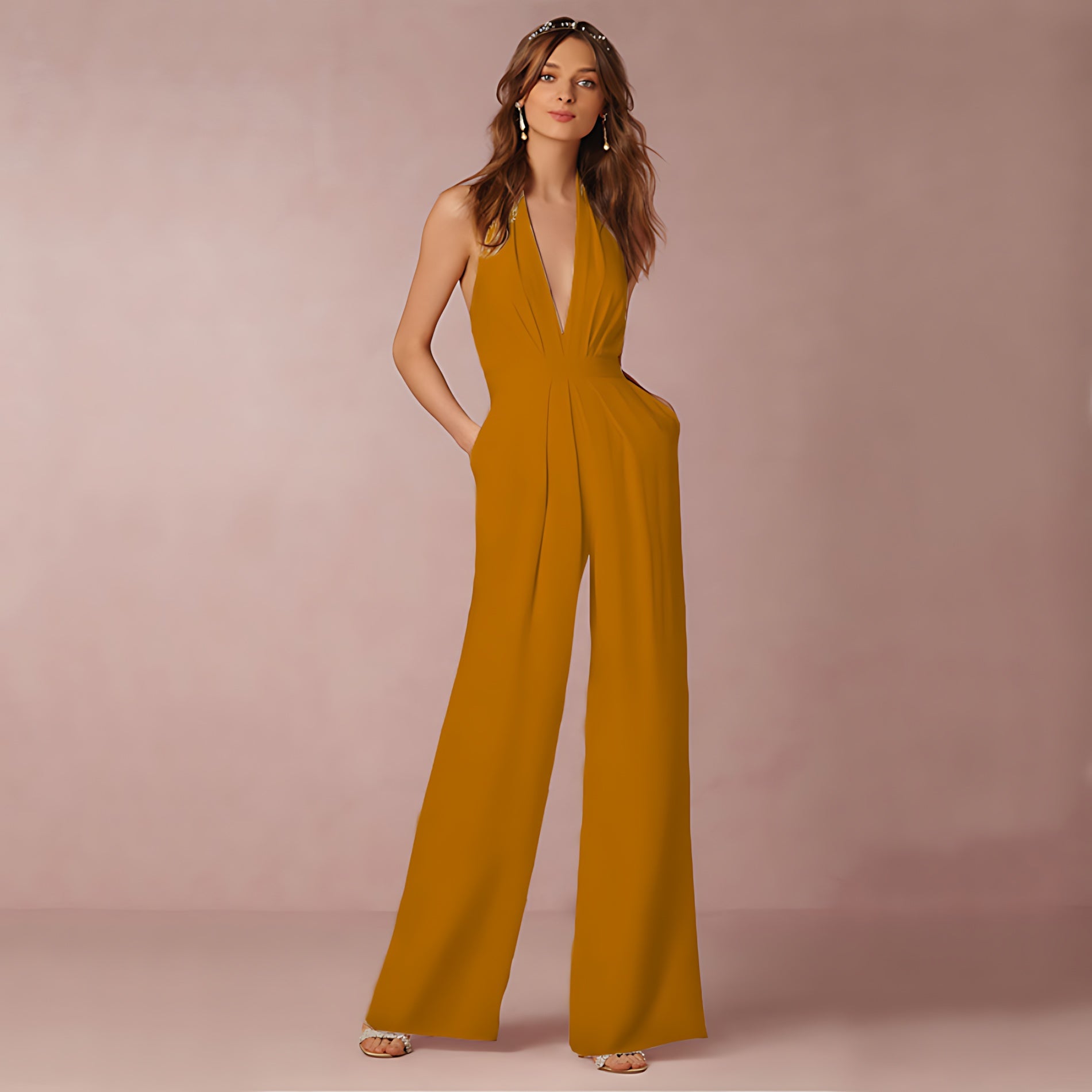 Hailey – Halter Deep V Neck Wide Leg Formal Jumpsuit