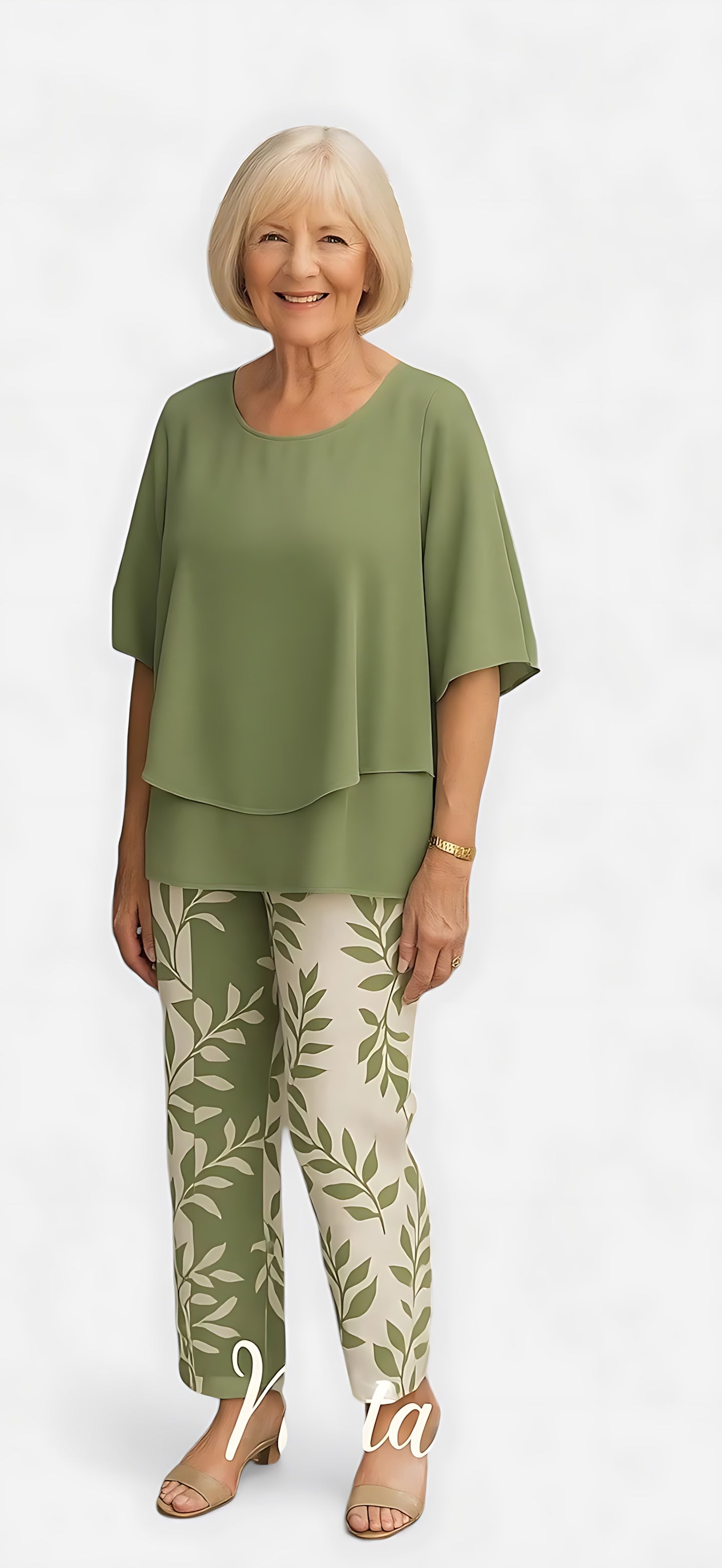 Hailey – Short Sleeve Top and Leaf Print Pants Set