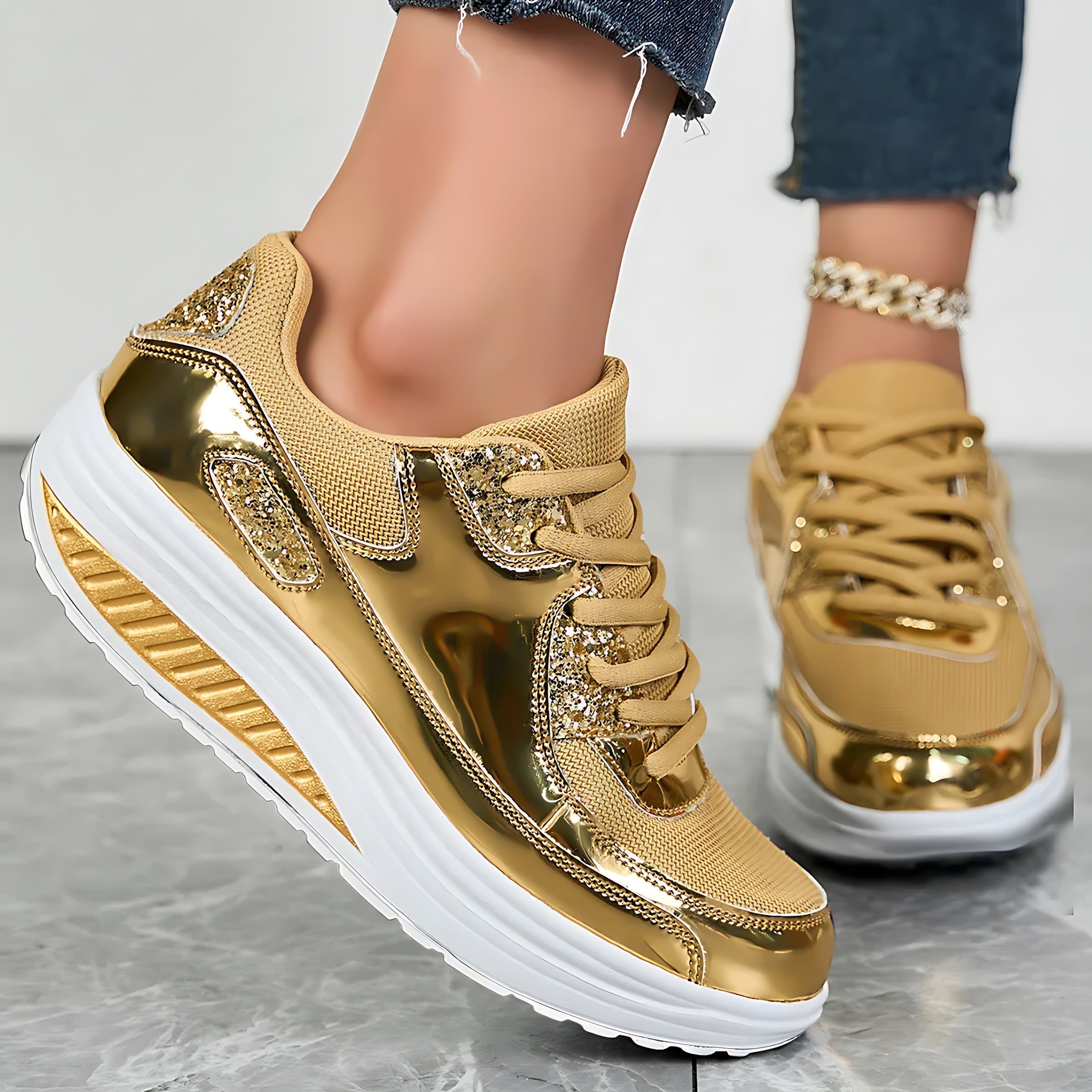 Hannah – Metallic Rhinestone Lace Up Platform Sneakers