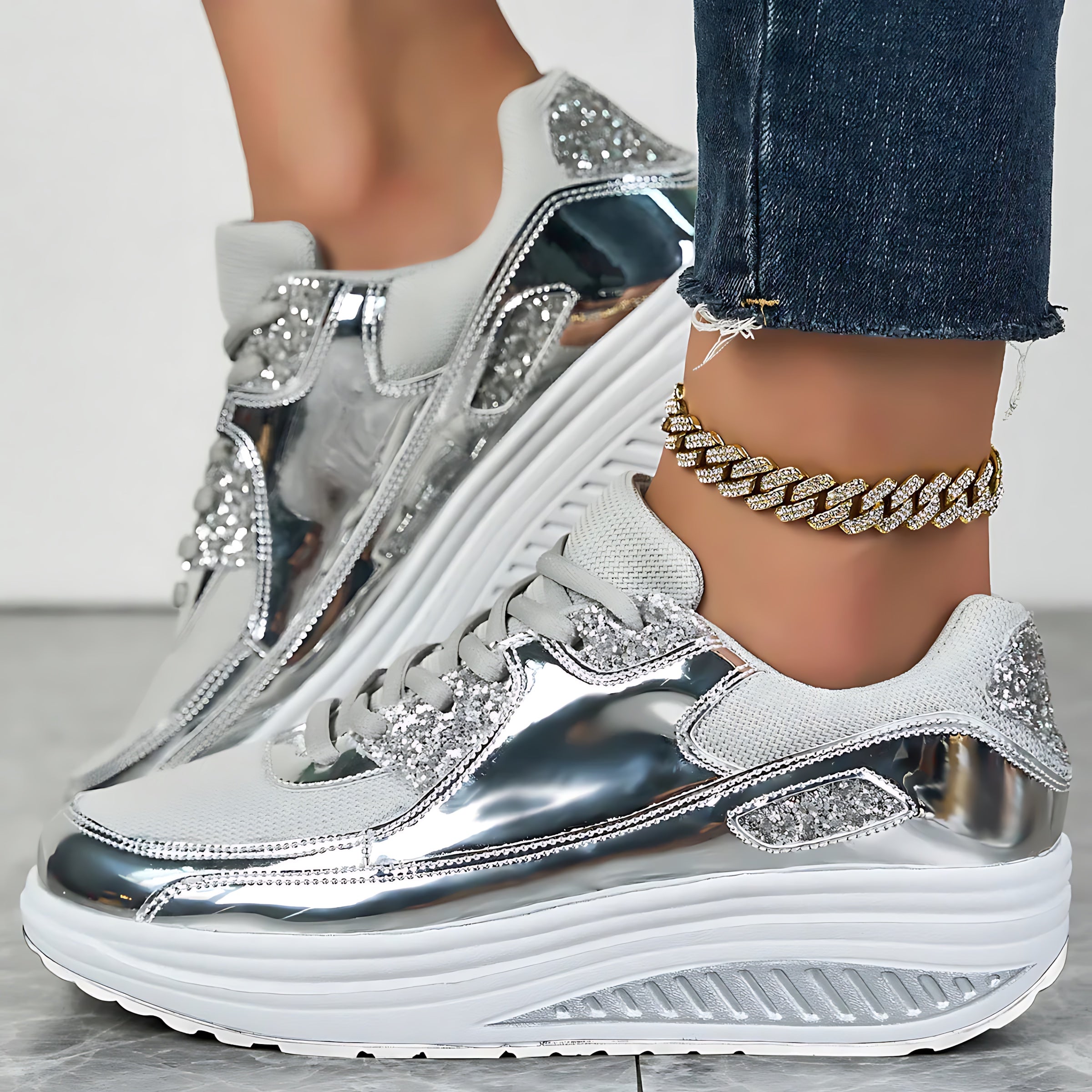 Hannah – Metallic Rhinestone Lace Up Platform Sneakers