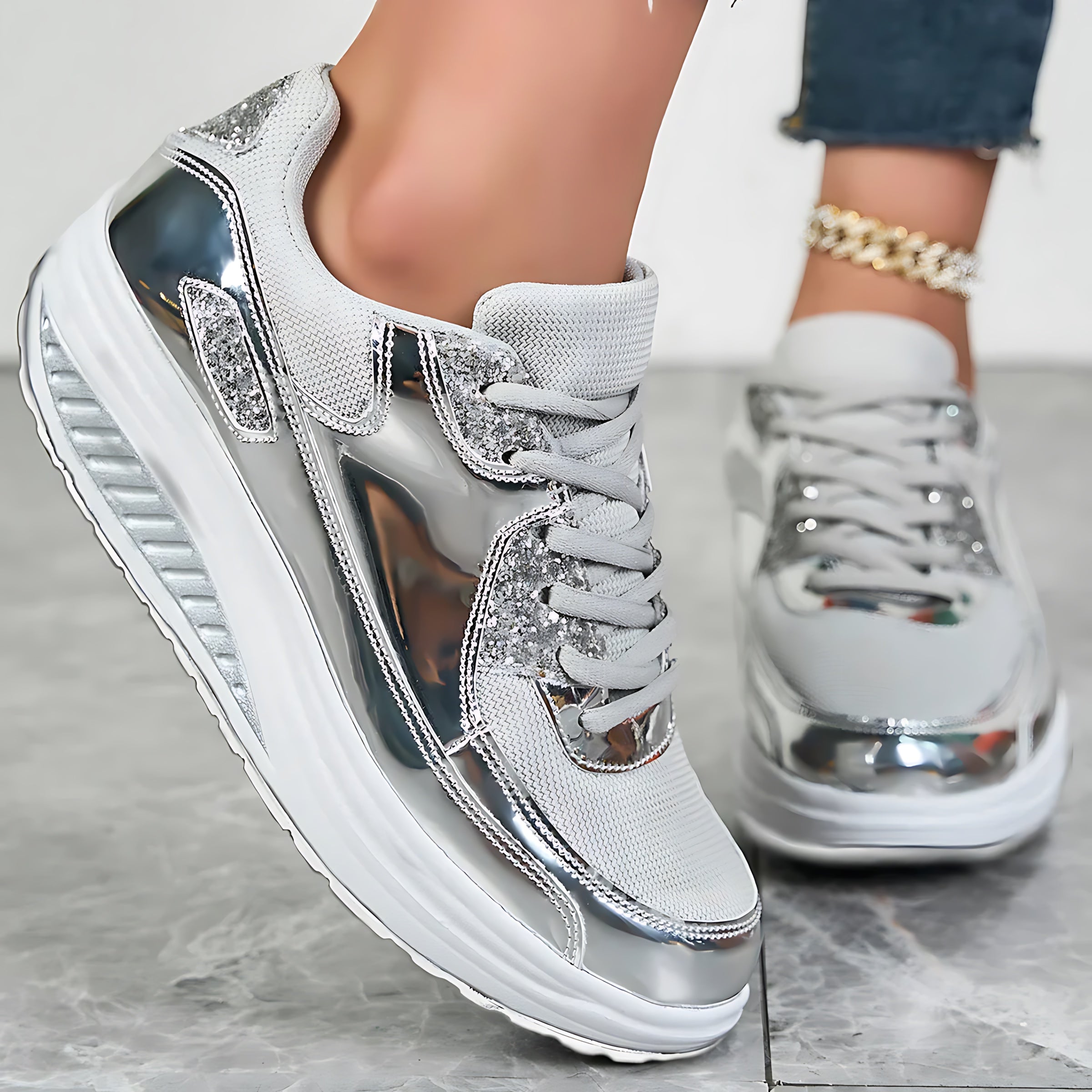 Hannah – Metallic Rhinestone Lace Up Platform Sneakers