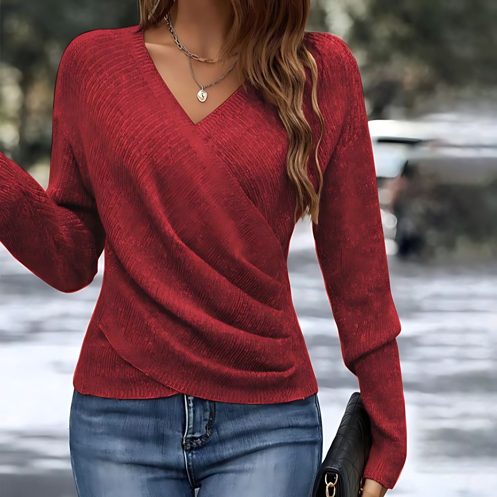 Harmony – Wrap Front V Neck Knit Sweater