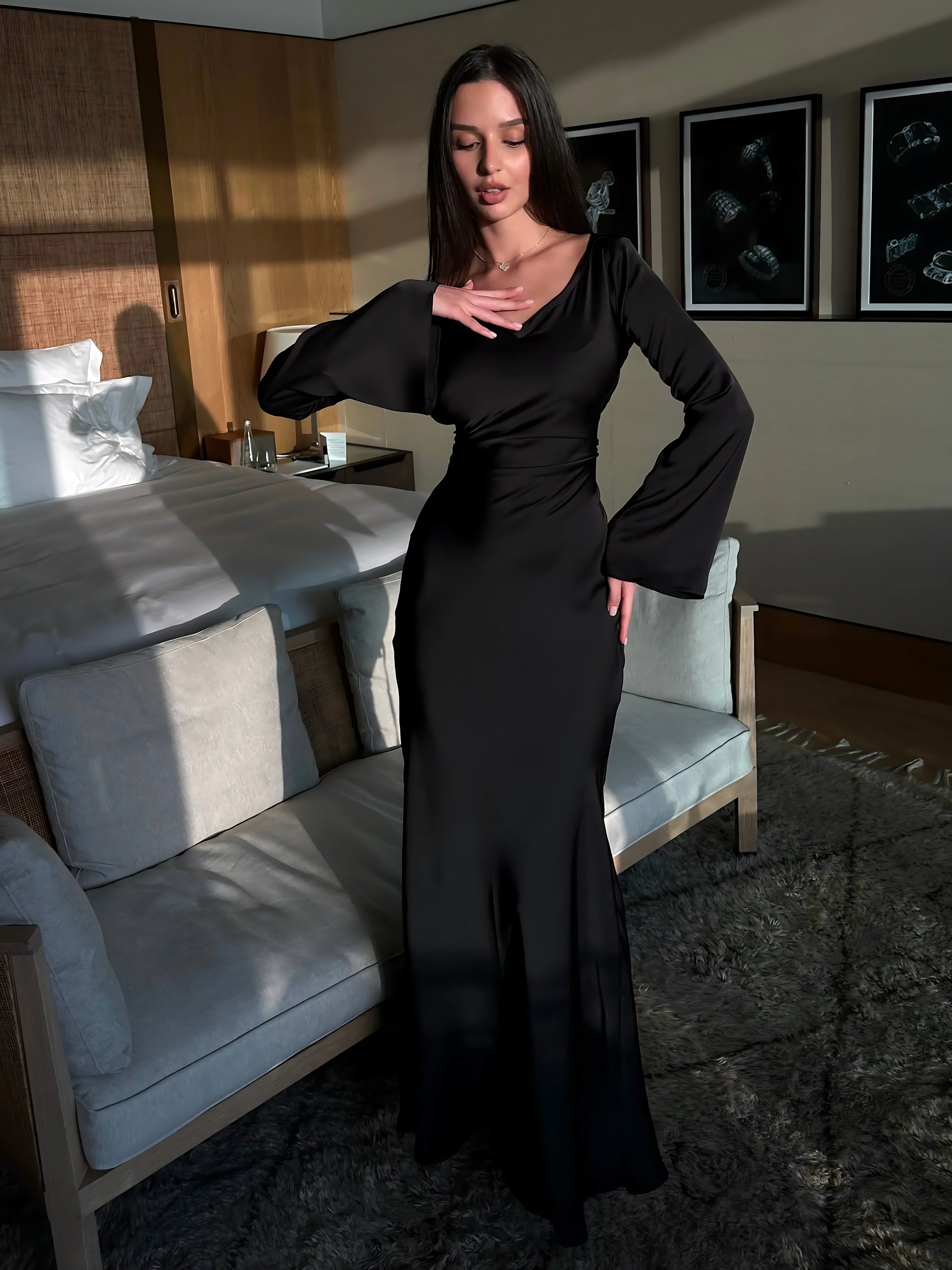 Harper – Satin Long Sleeve Formal Maxi Dress