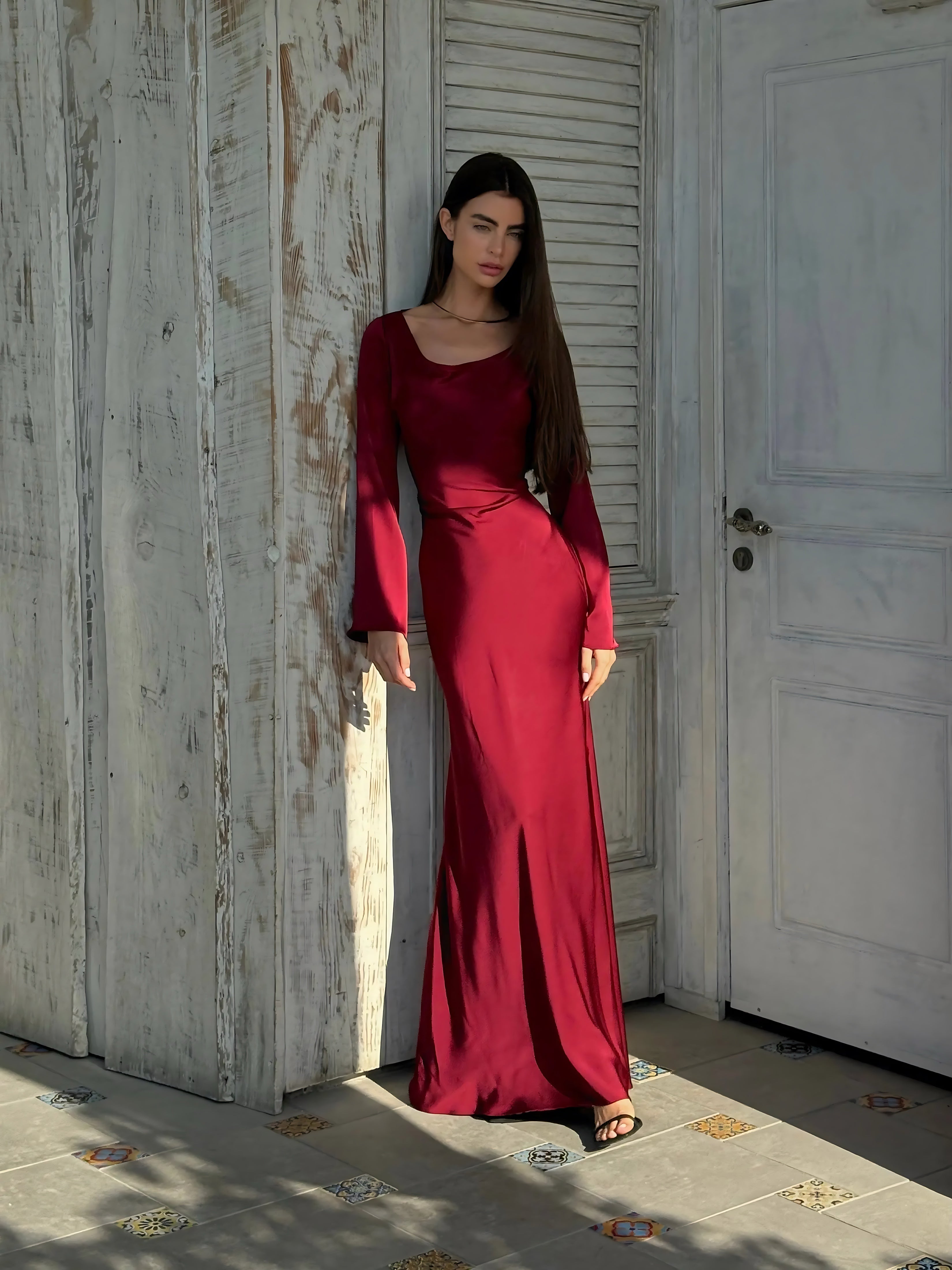 Harper – Satin Long Sleeve Formal Maxi Dress