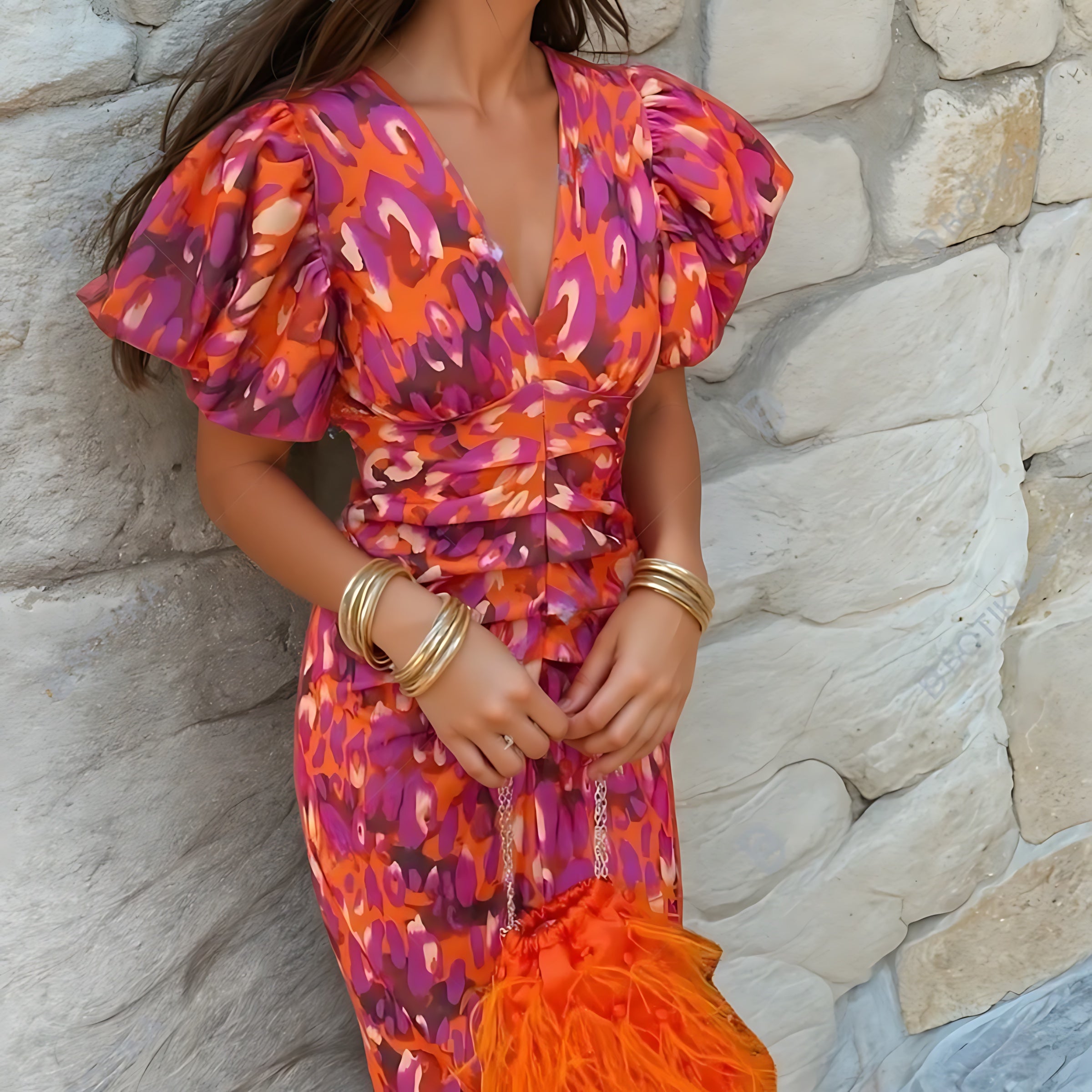 Harriet – Floral Puff Sleeve Ruched Wedding Guest Midi Dress