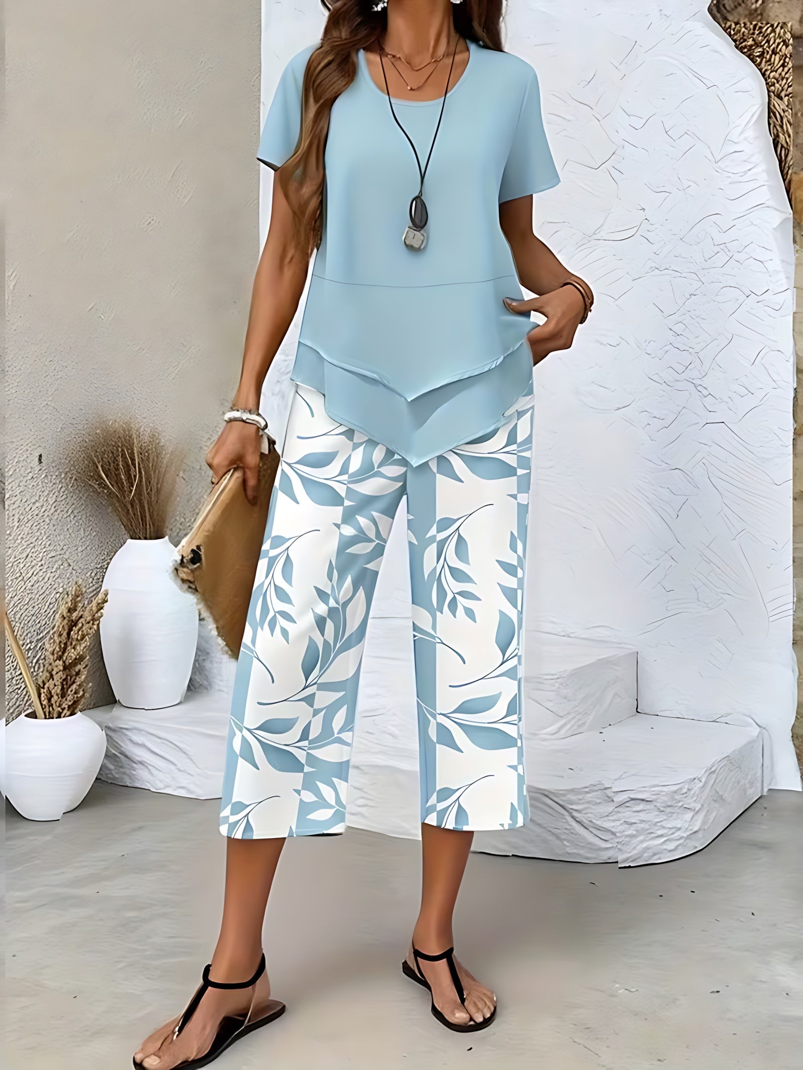 Harriet – Tunic Top and Leaf Print Cropped Pants Set