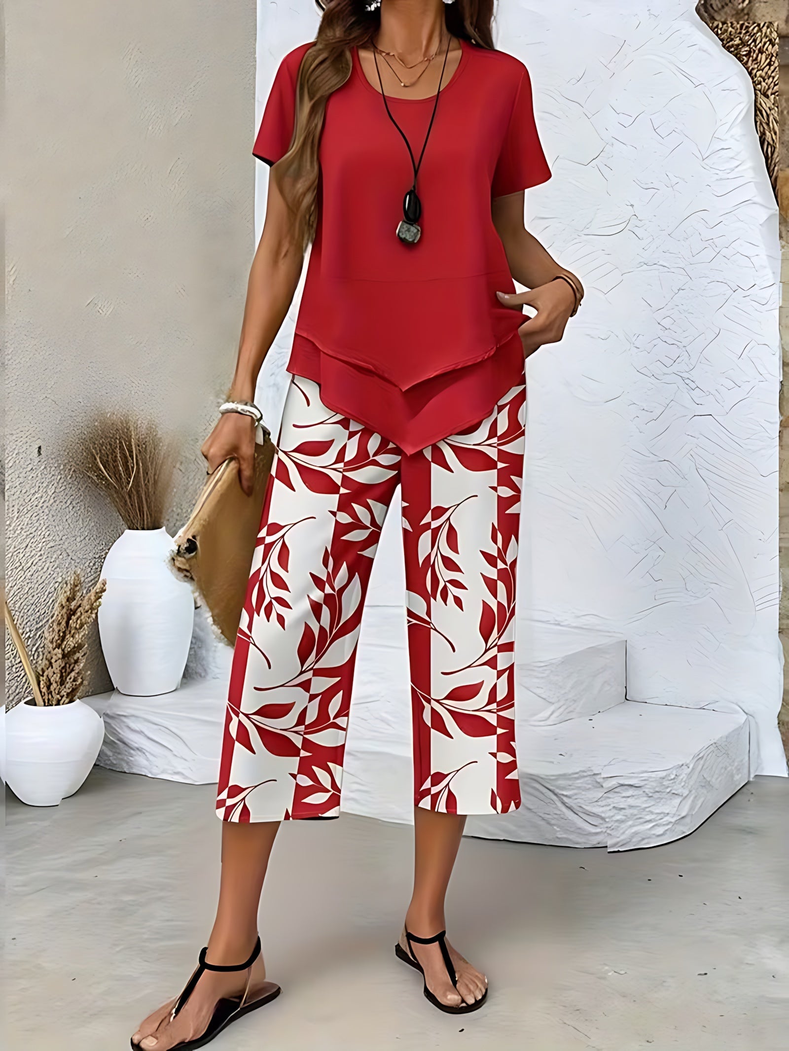Harriet – Tunic Top and Leaf Print Cropped Pants Set