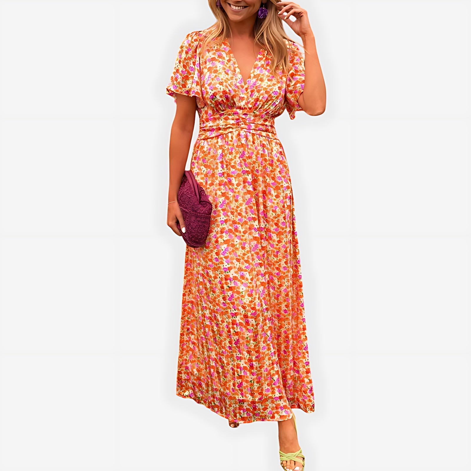 Hazel – Ditsy Floral V Neck Puff Sleeve Midi Dress