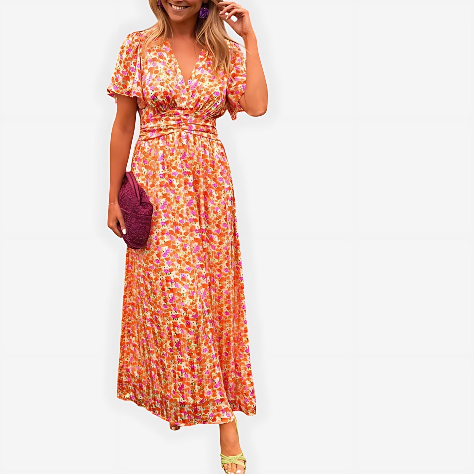 Hazel – Ditsy Floral V Neck Puff Sleeve Midi Dress