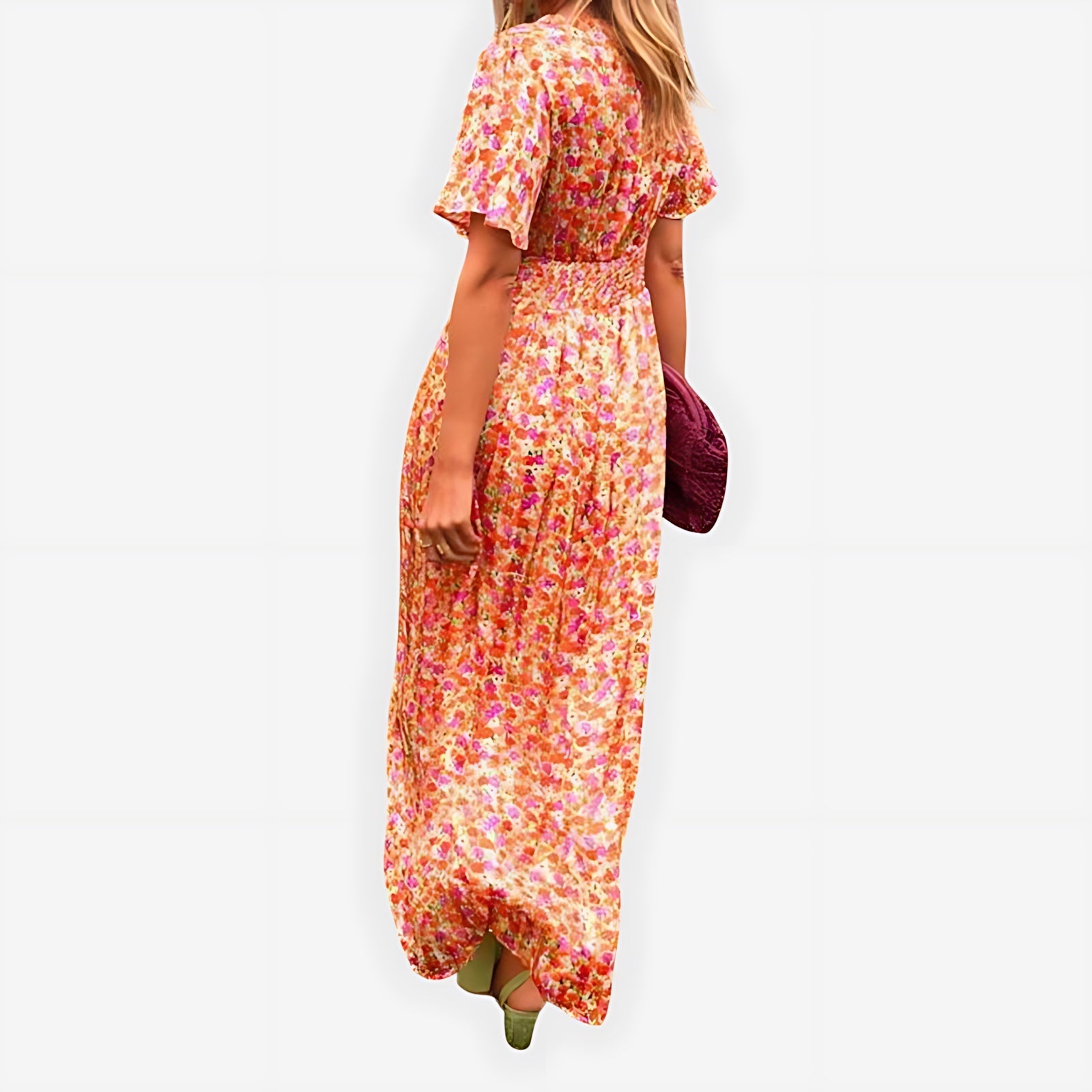 Hazel – Ditsy Floral V Neck Puff Sleeve Midi Dress