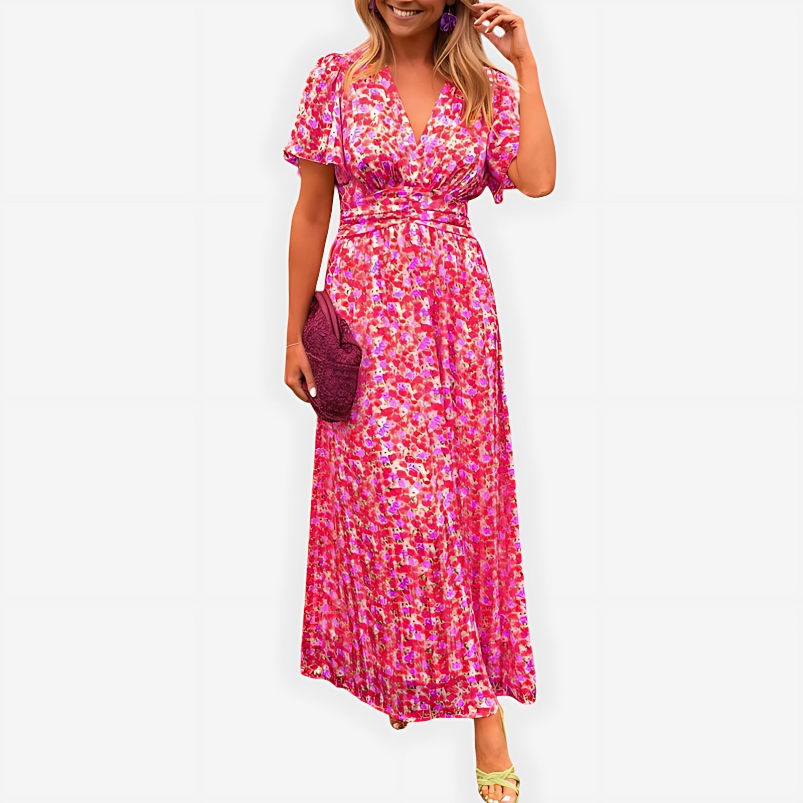 Hazel – Ditsy Floral V Neck Puff Sleeve Midi Dress
