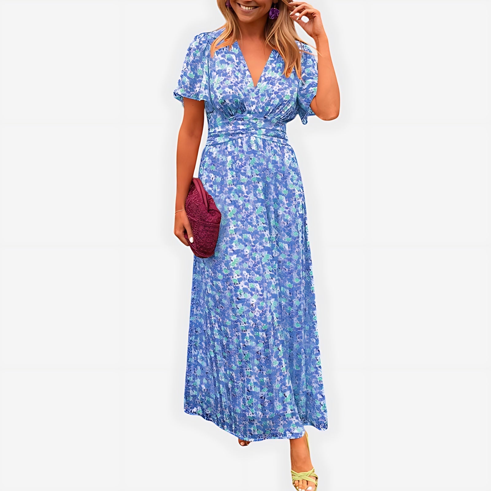 Hazel – Ditsy Floral V Neck Puff Sleeve Midi Dress