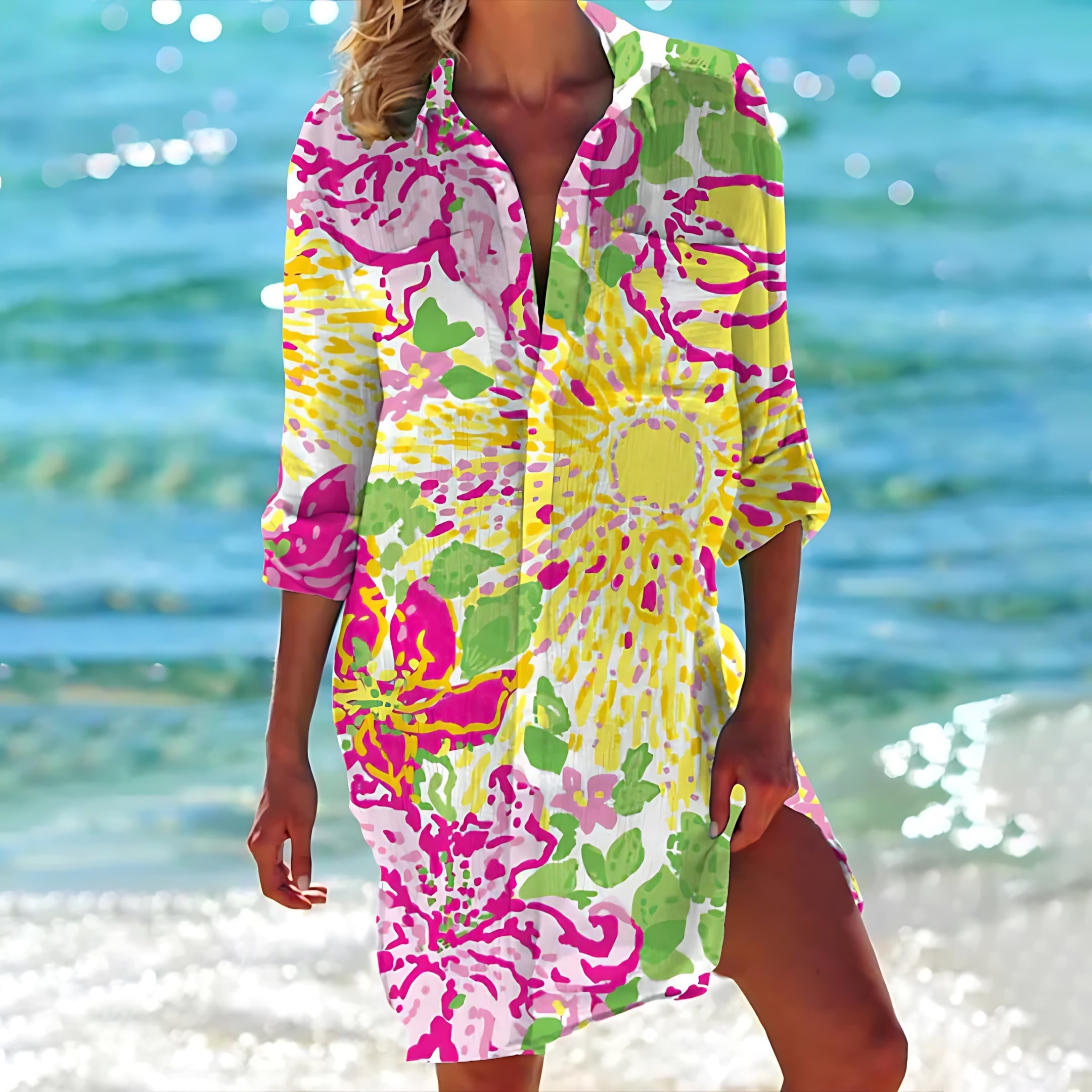 Hazel – Floral Print Button Up Shirt Dress Cover Up