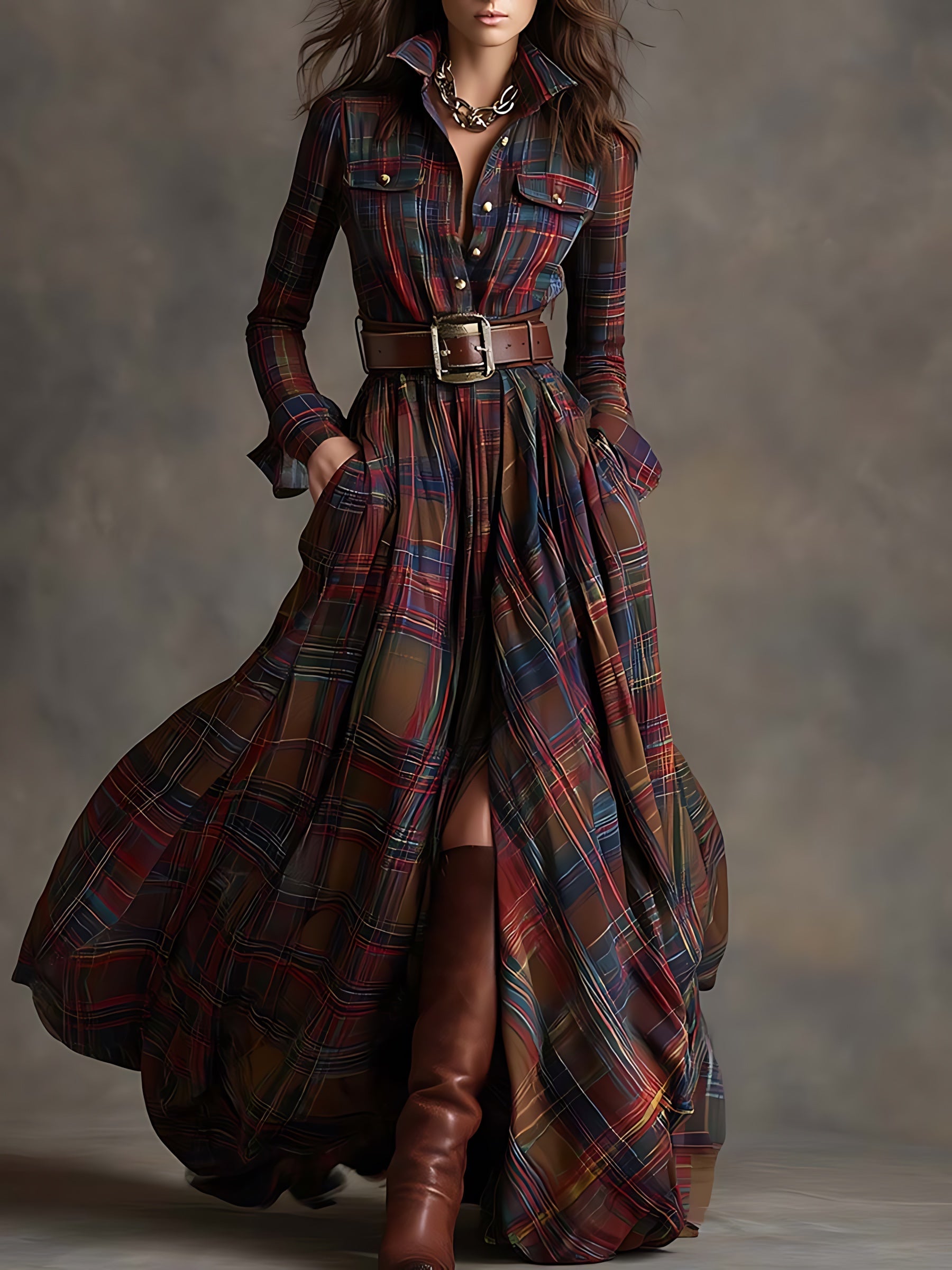 Hazel – Plaid Long Sleeve Maxi Shirt Dress