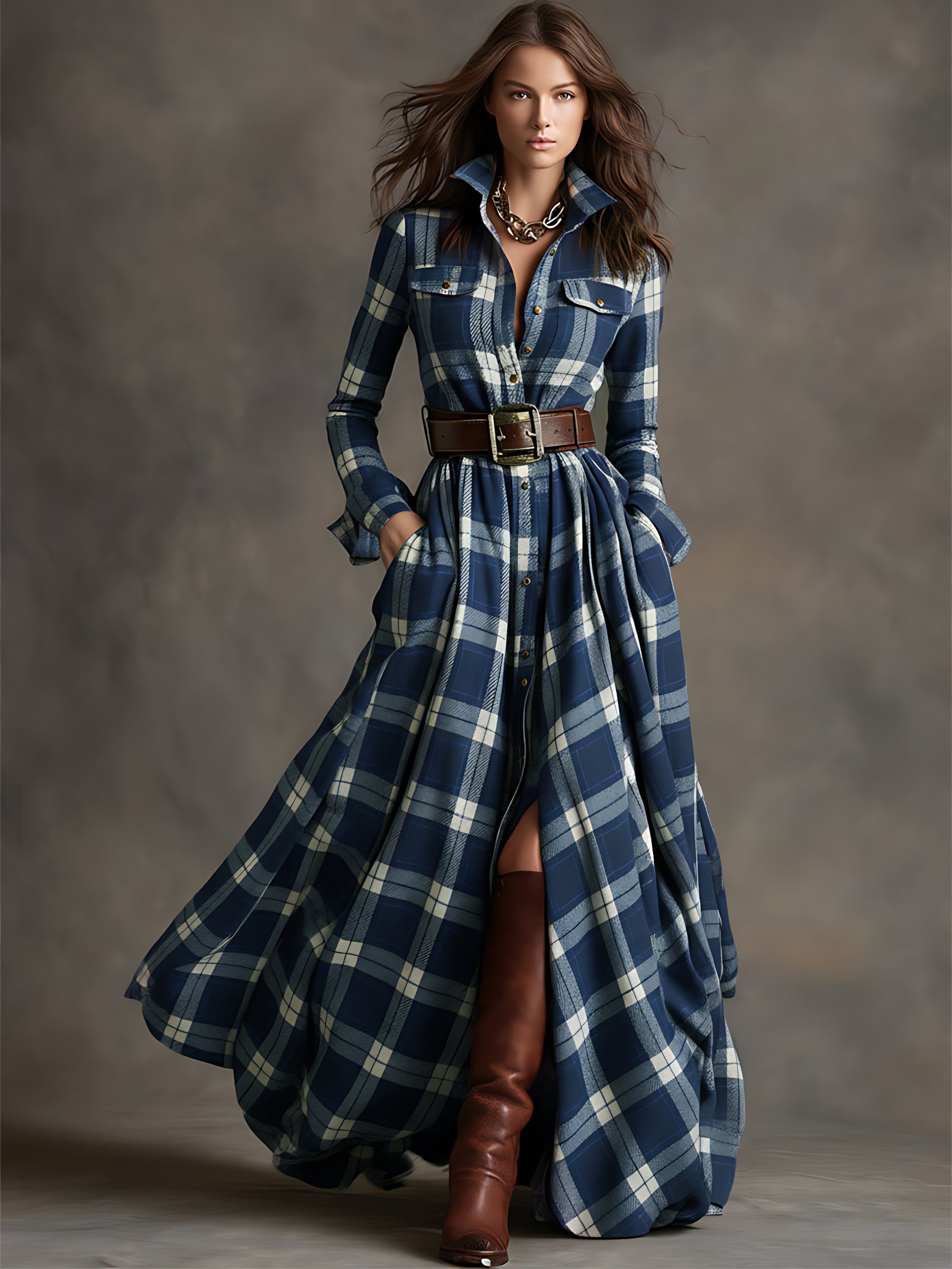 Hazel – Plaid Long Sleeve Maxi Shirt Dress
