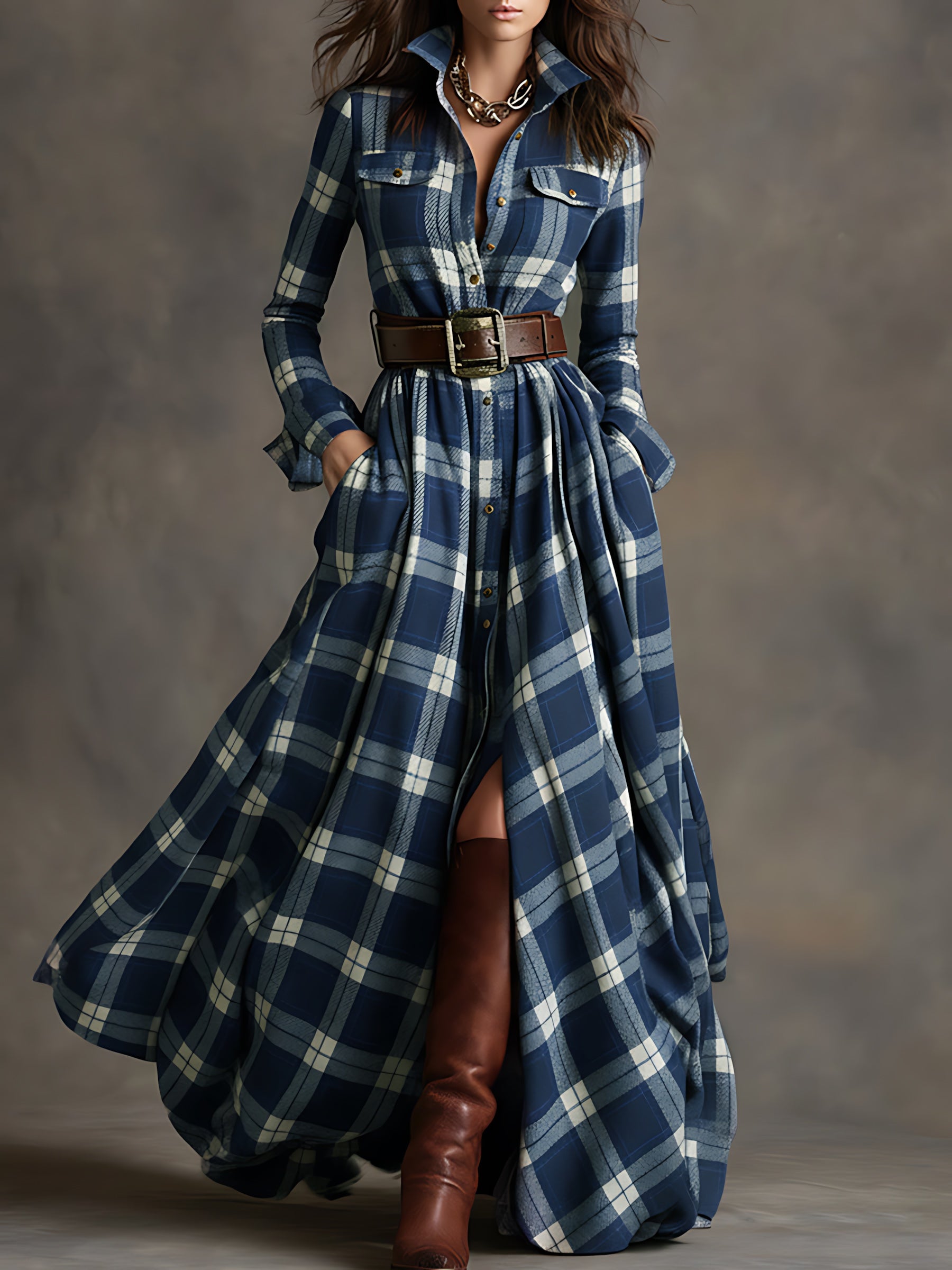 Hazel – Plaid Long Sleeve Maxi Shirt Dress