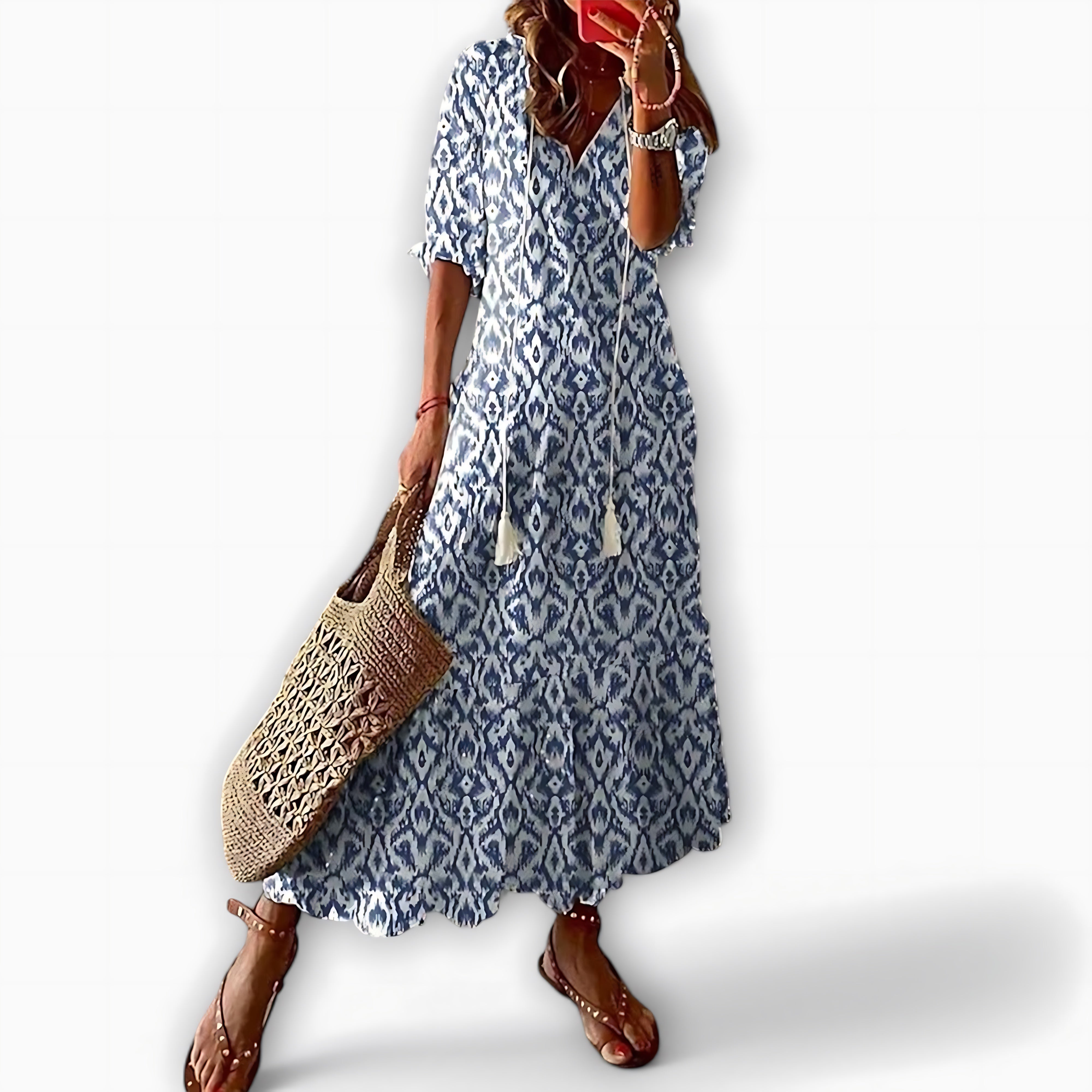 Helena – Geometric Print V Neck Tiered Maxi Dress