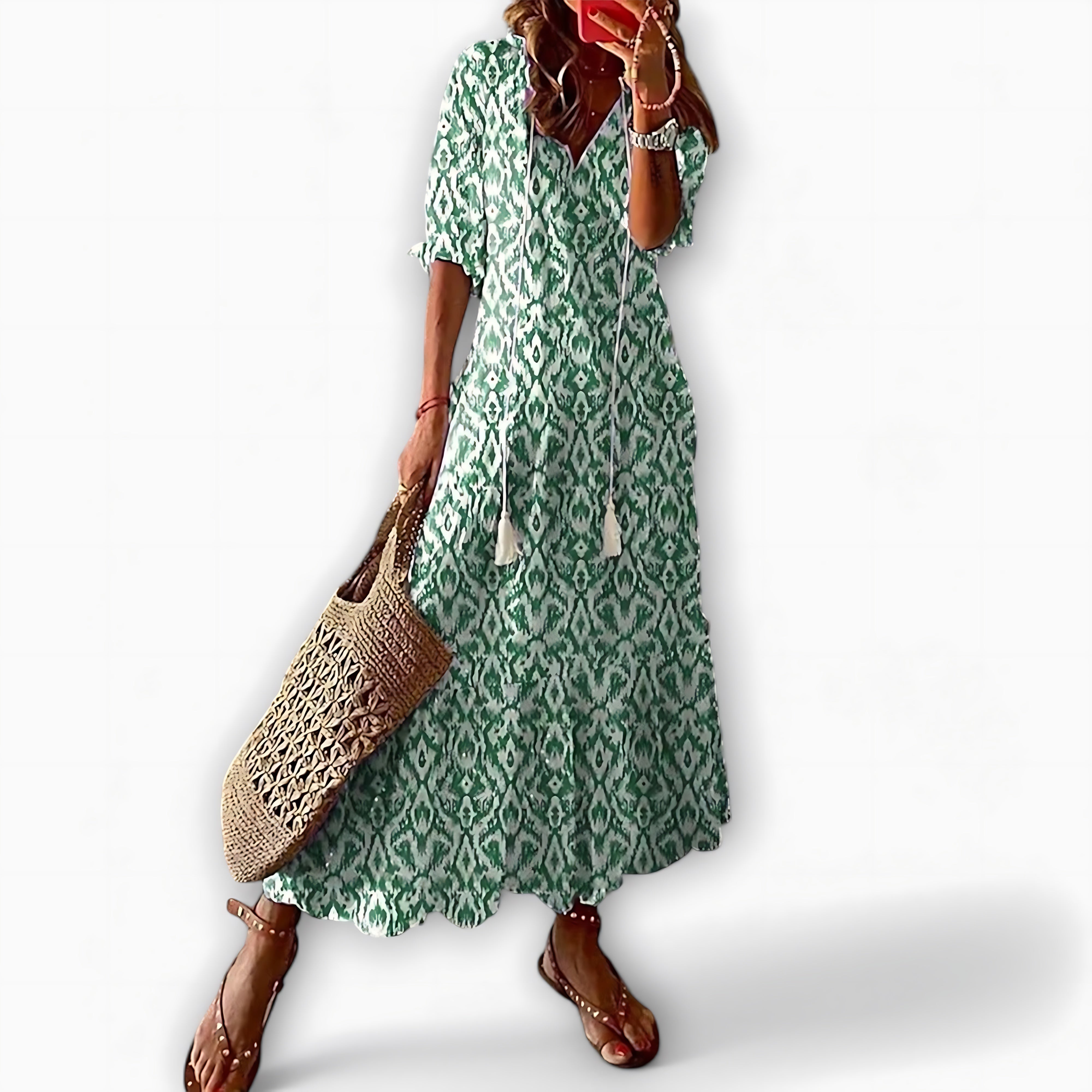 Helena – Geometric Print V Neck Tiered Maxi Dress