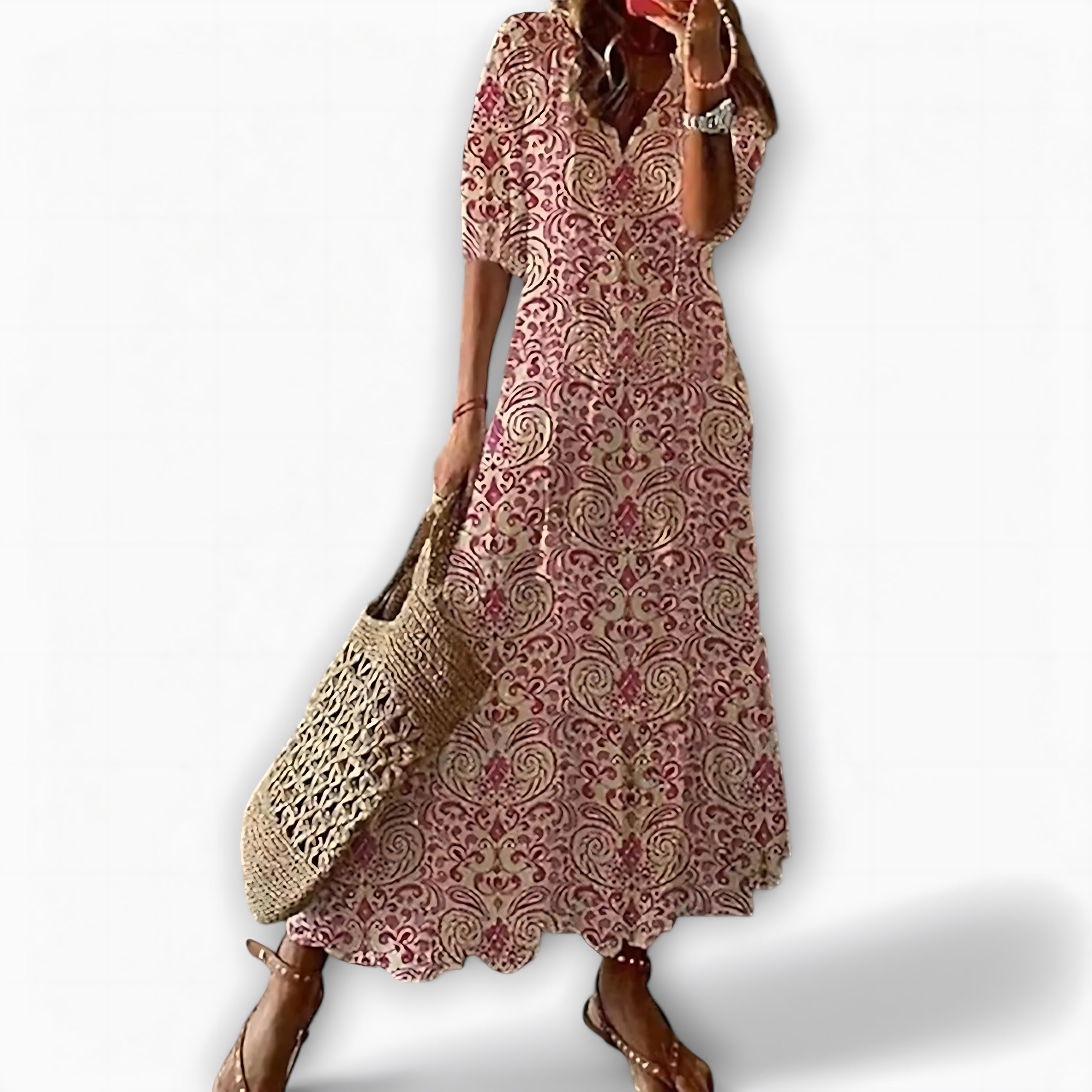 Helena – Geometric Print V Neck Tiered Maxi Dress