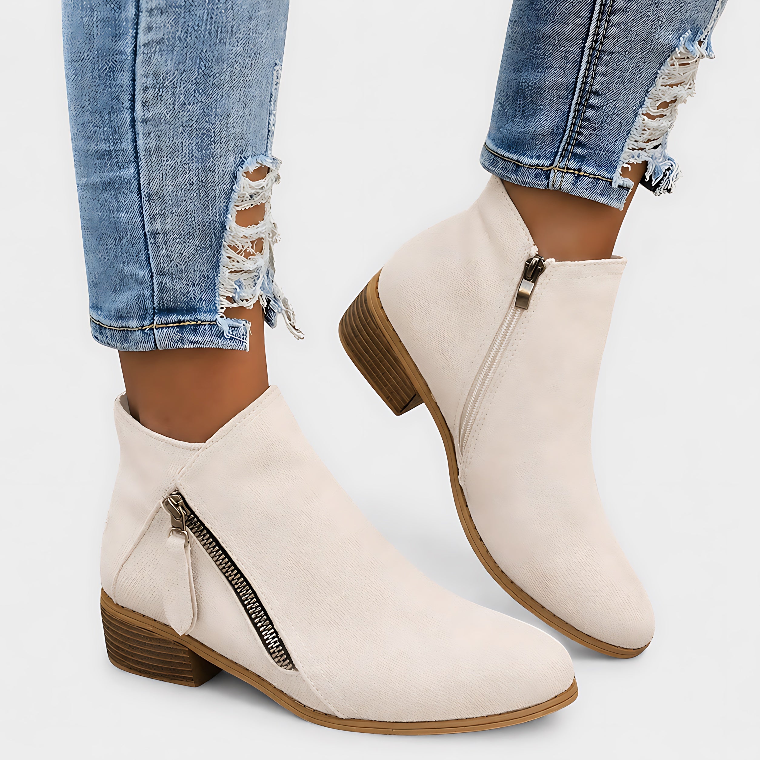 Helena – Suede Round Toe Side Zip Ankle Boots