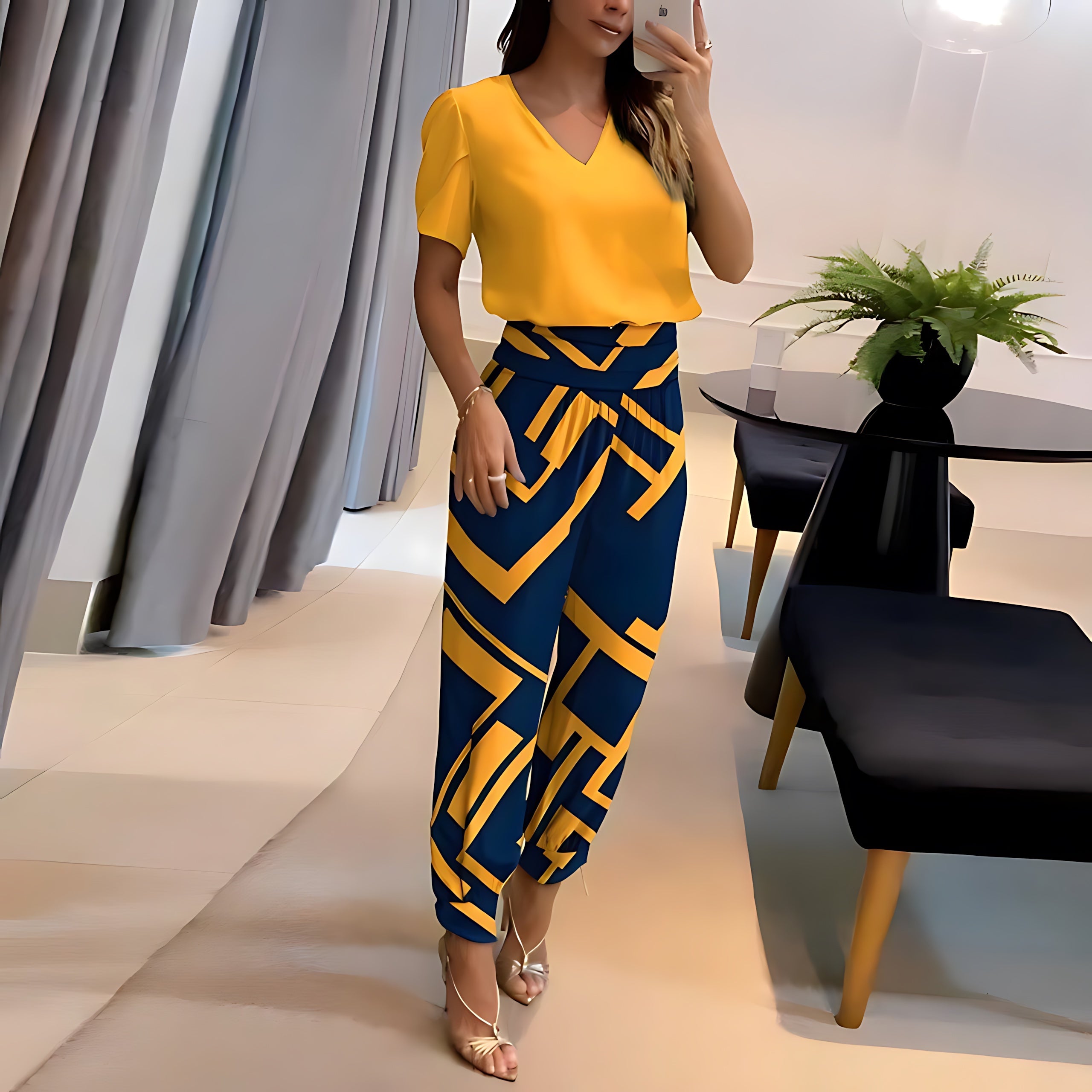Hope – Short Sleeve V Neck Top and Geometric Print Pants Set