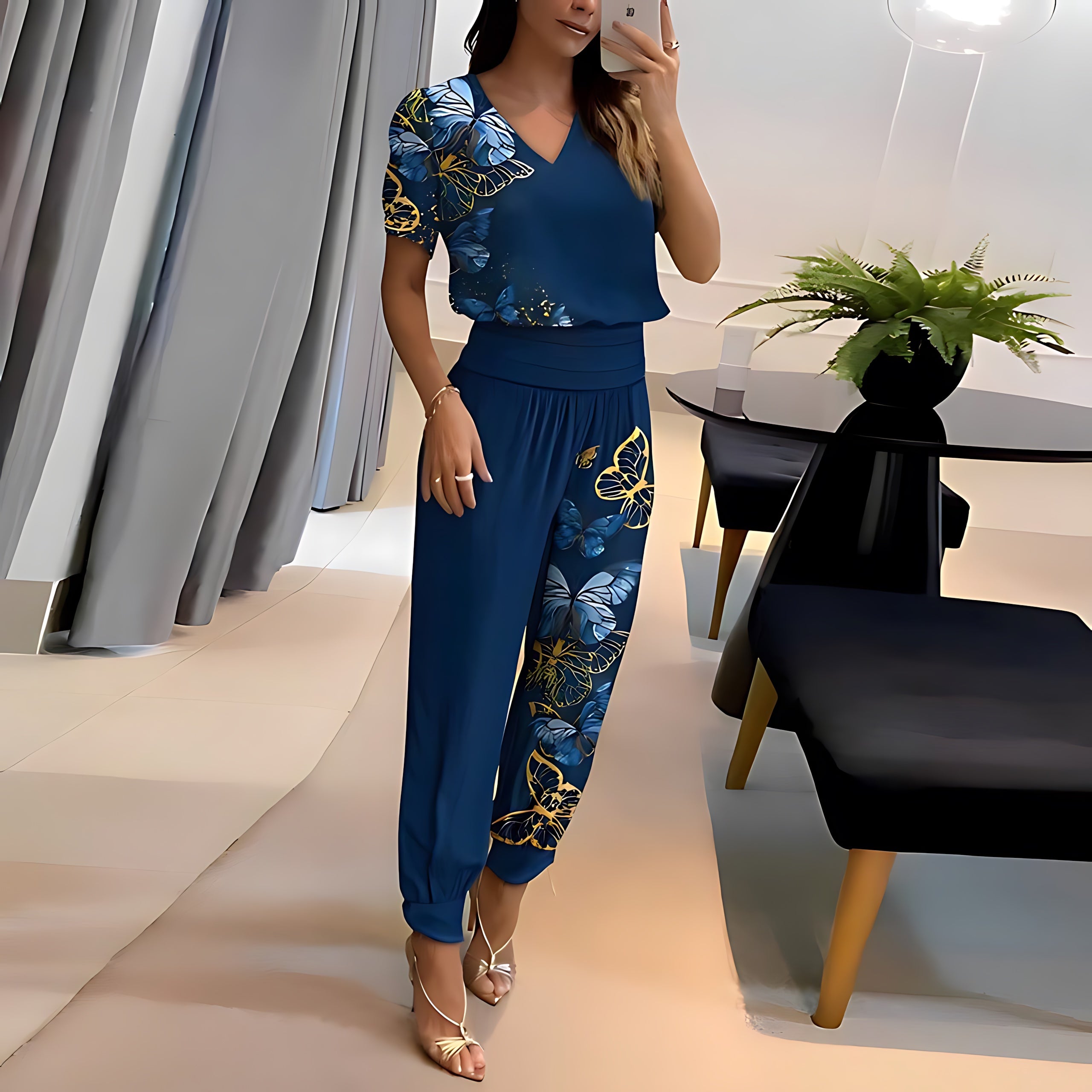 Hope – Short Sleeve V Neck Top and Geometric Print Pants Set