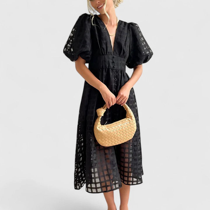 Noelle – Puff Sleeve V Neck Cocktail Midi Dress