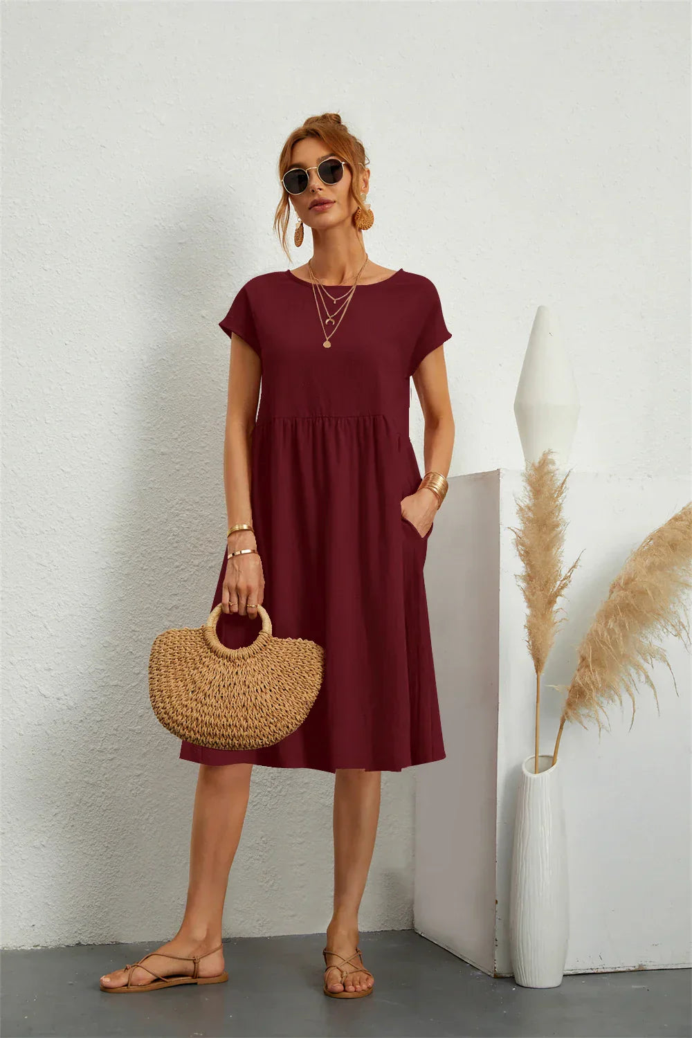 Sabrina – Crew Neck Short Sleeve A Line Midi Dress