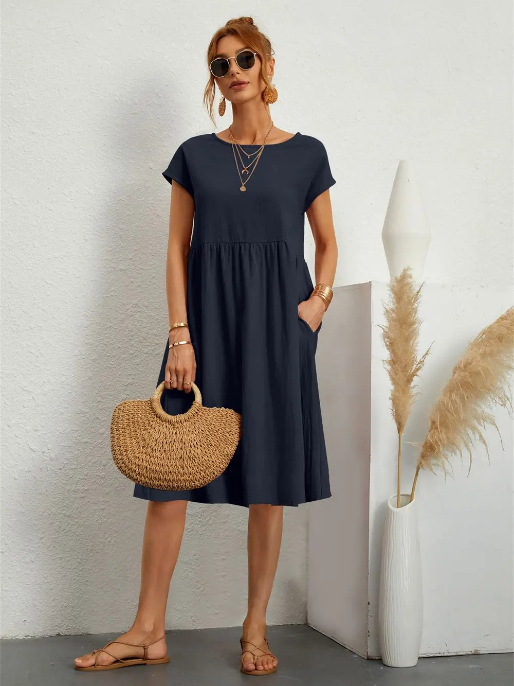 Sabrina – Crew Neck Short Sleeve A Line Midi Dress