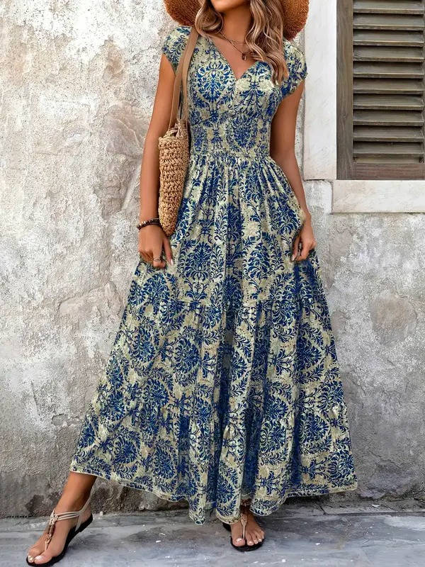 Selena – Boho Print Smocked Tiered Maxi Dress
