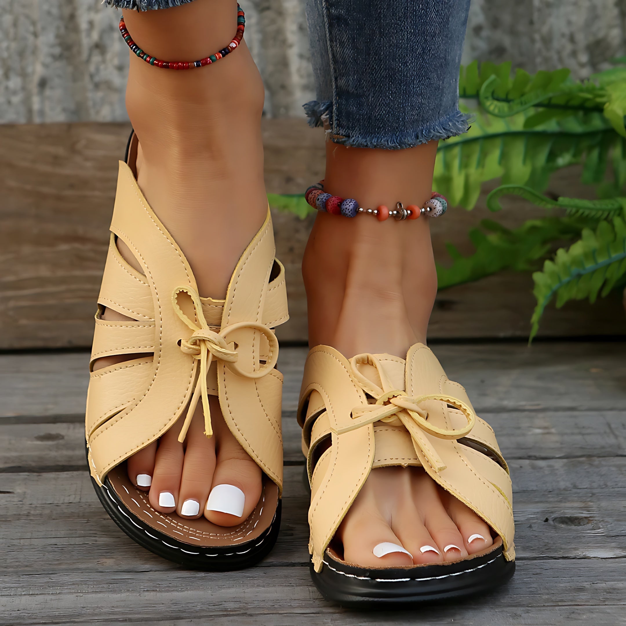 Imogen – Bow Cutout Low Wedge Slide Sandals