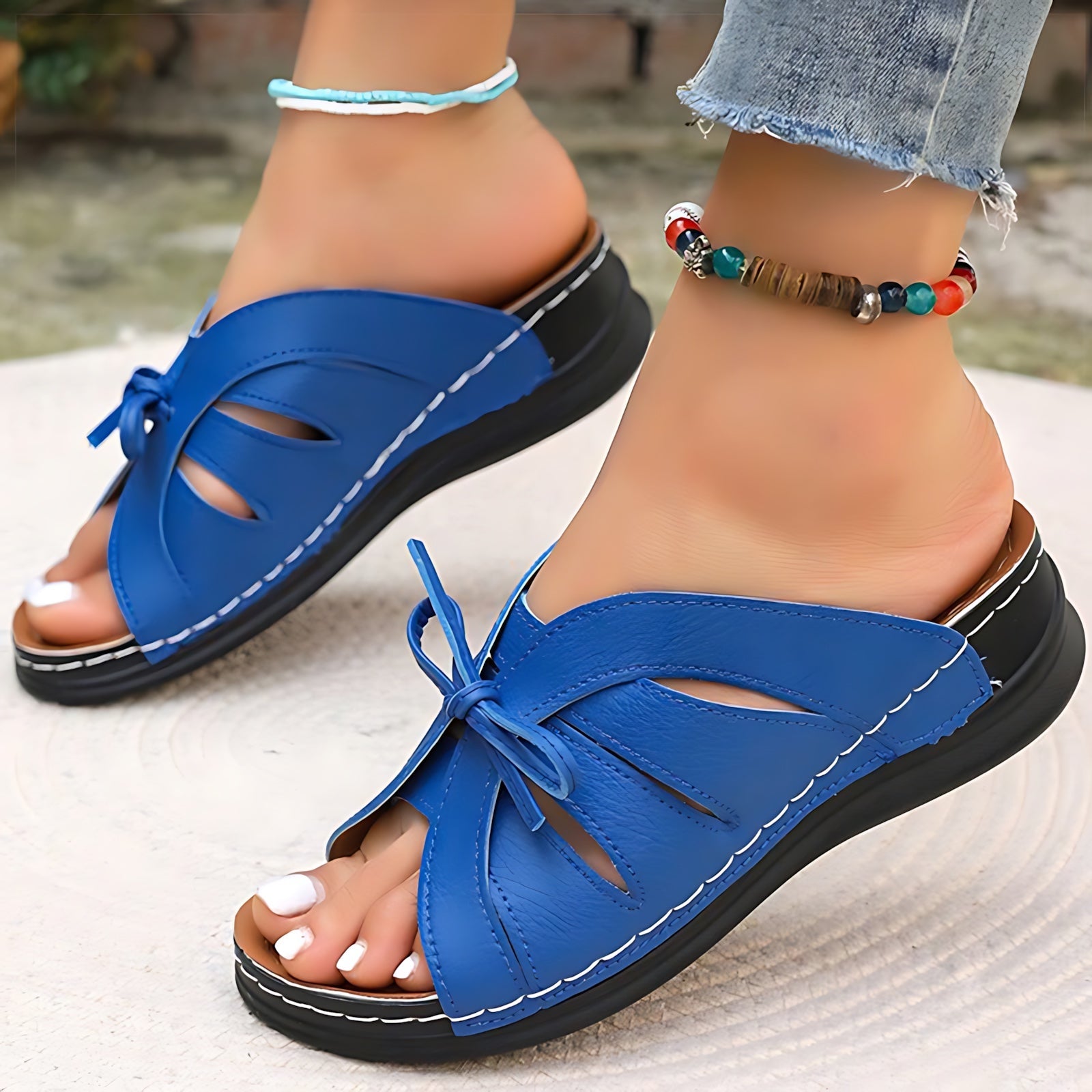 Imogen – Bow Cutout Low Wedge Slide Sandals