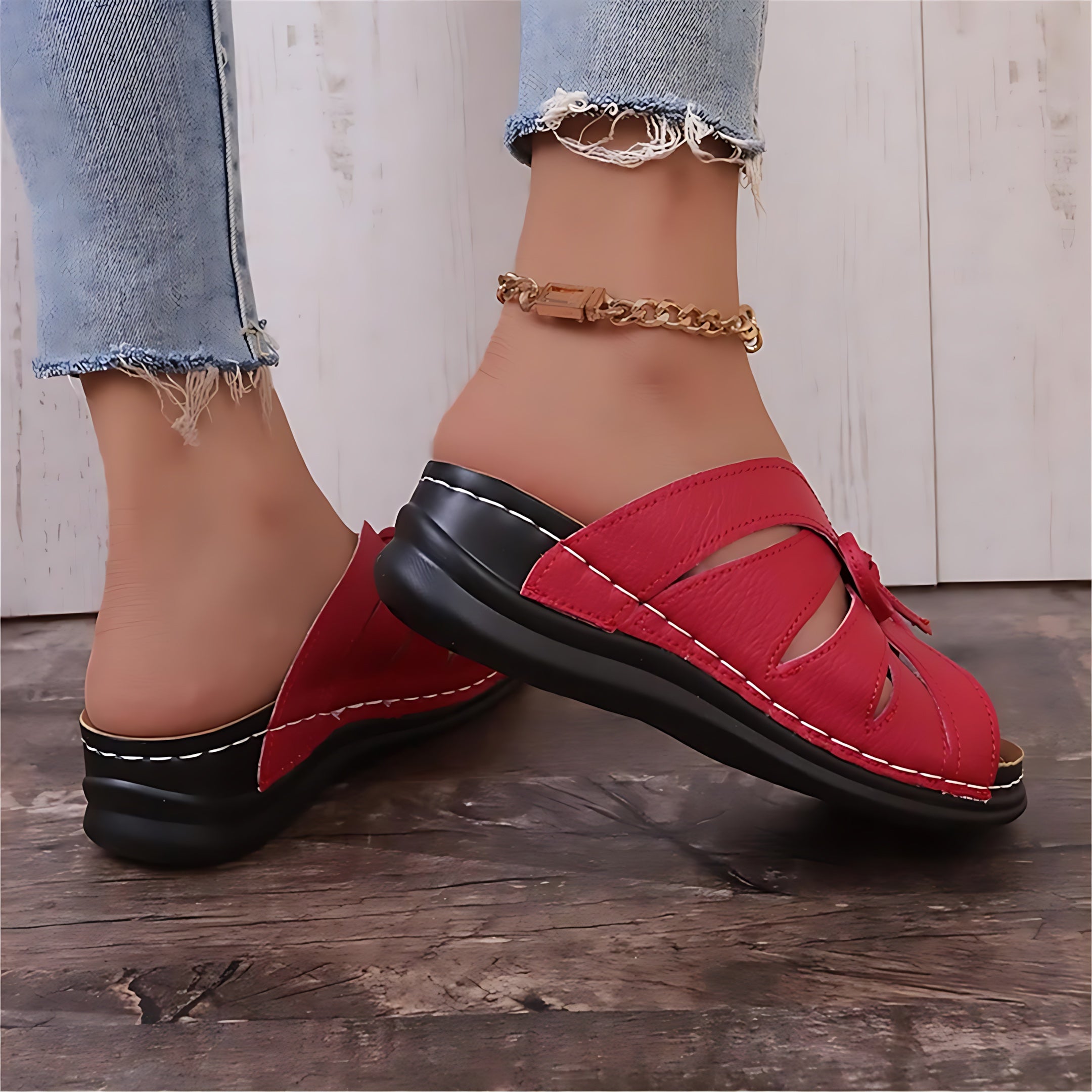 Imogen – Bow Cutout Low Wedge Slide Sandals