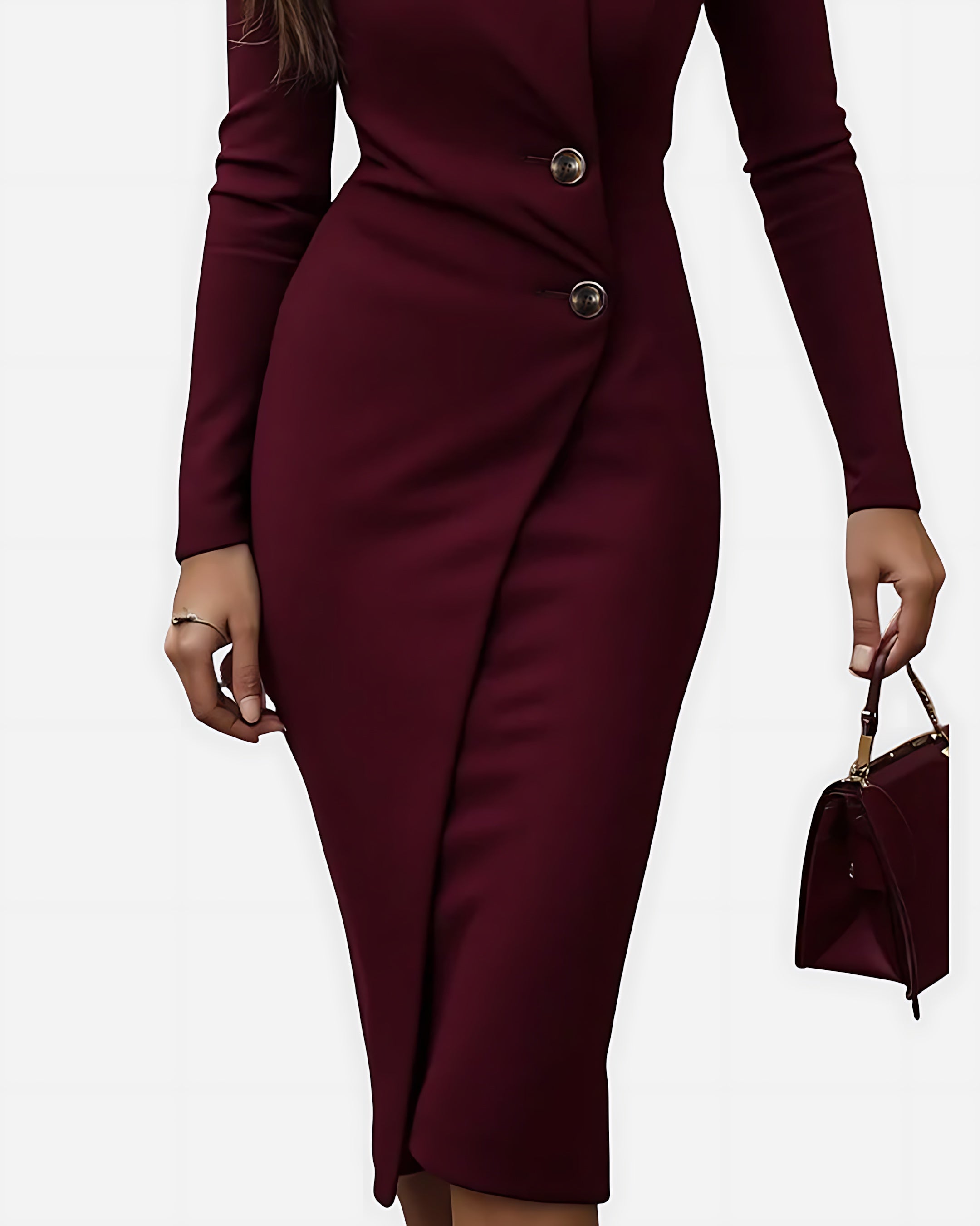 Imogen – Long Sleeve Ruched Wrap Cocktail Midi Dress