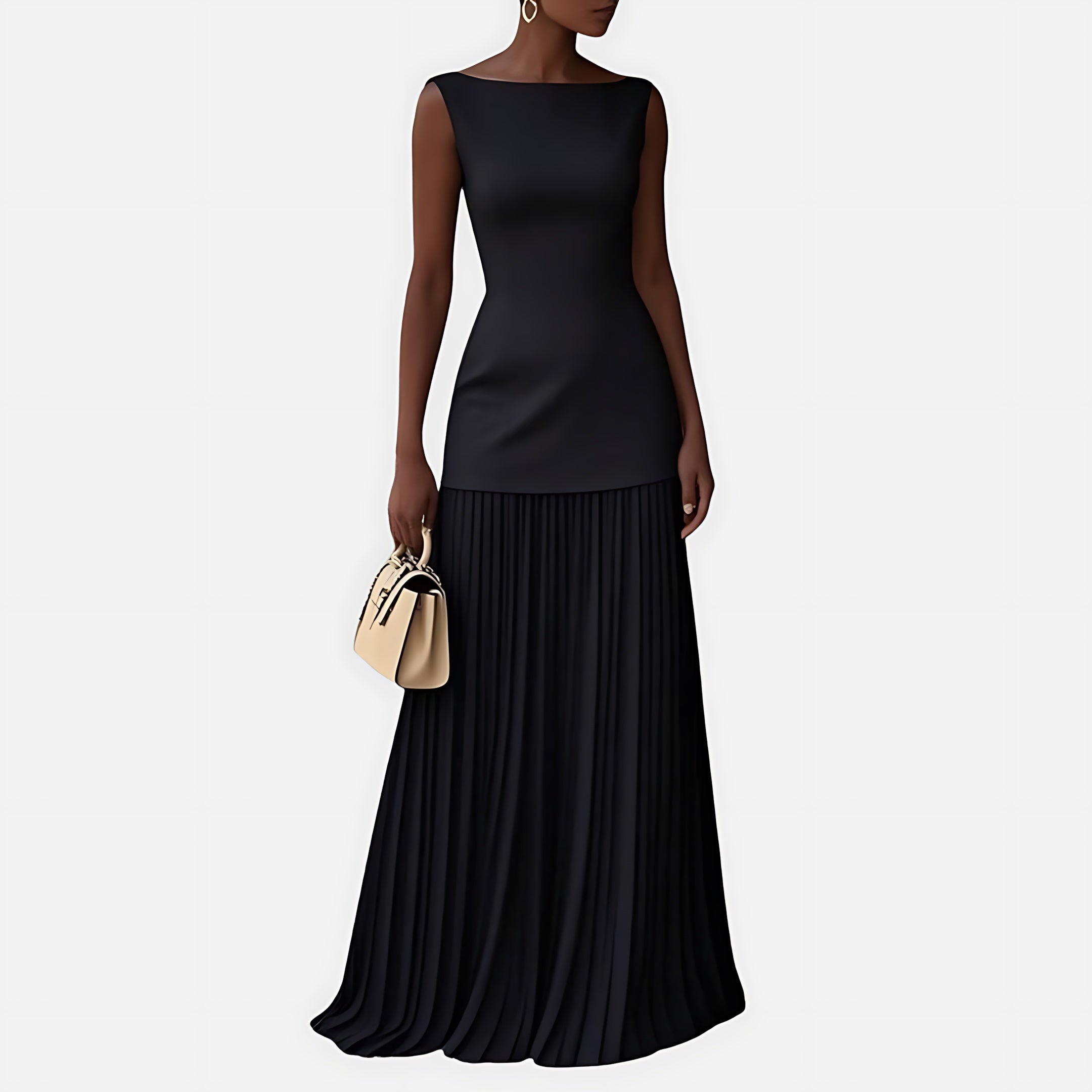 Imogen – Round Neck Pleated A-Line Maxi Dress
